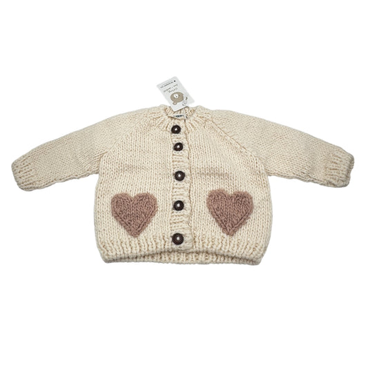 The Blueberry Hill Heart Pocket Cardigan – Cream with Blush Hearts, Size 12–24 Months