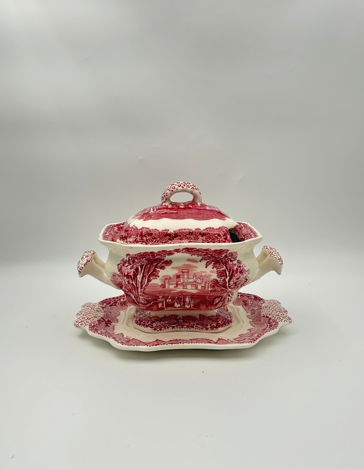 Mason’s Vista Small Tureen with Lid and Underplate – Pink/Red Transferware – Made in England