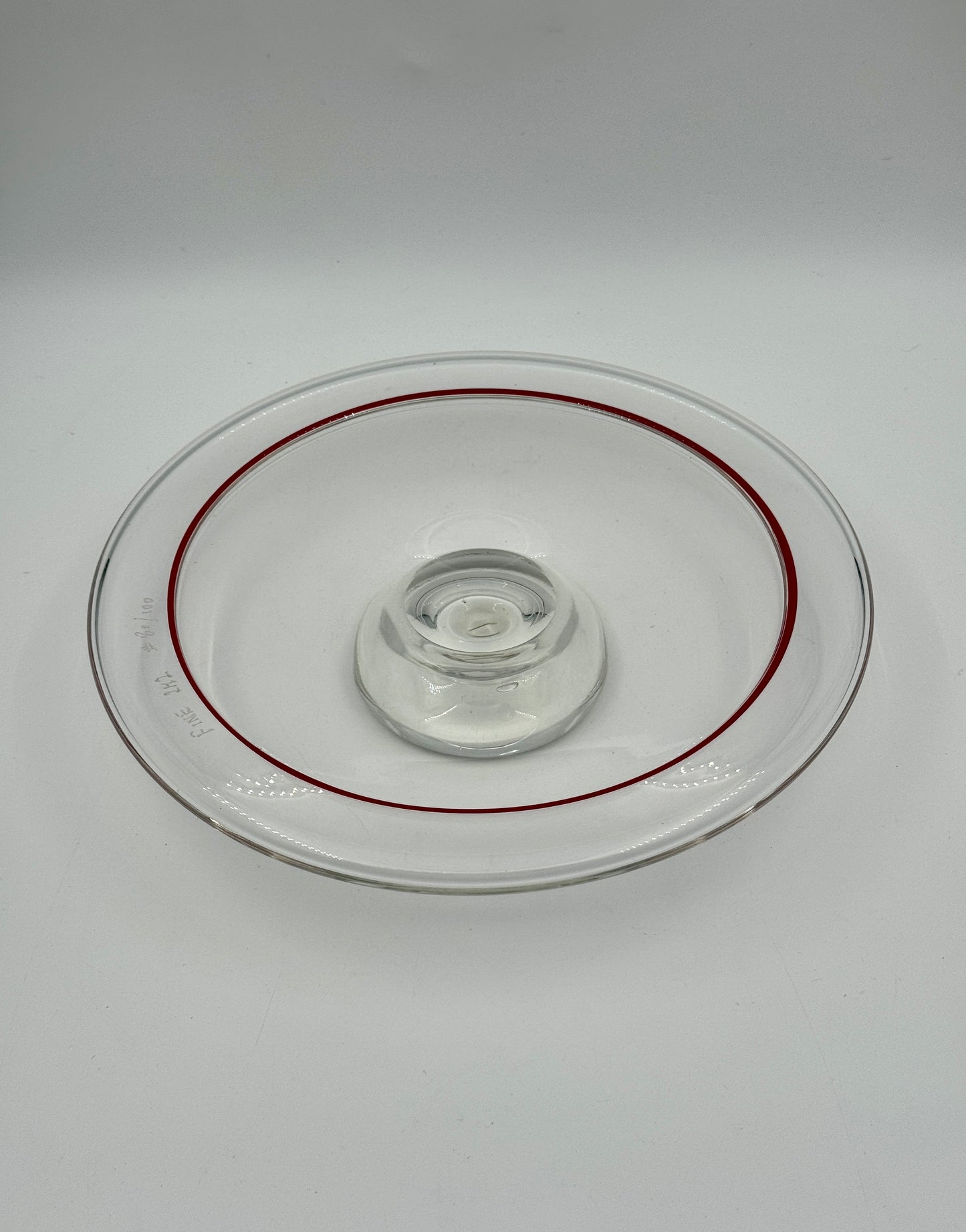 Mid-Century Art Glass Pedestal Stand – Clear with Red Rim