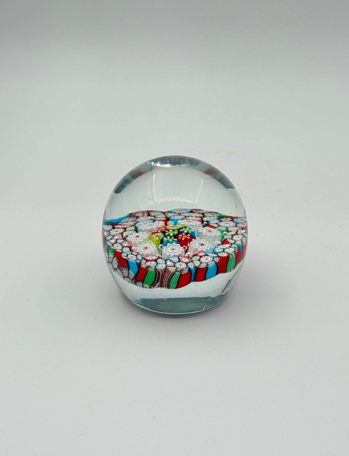 Murano Glass Paperweight – Millefiori Floral Canes – Red, Blue & White