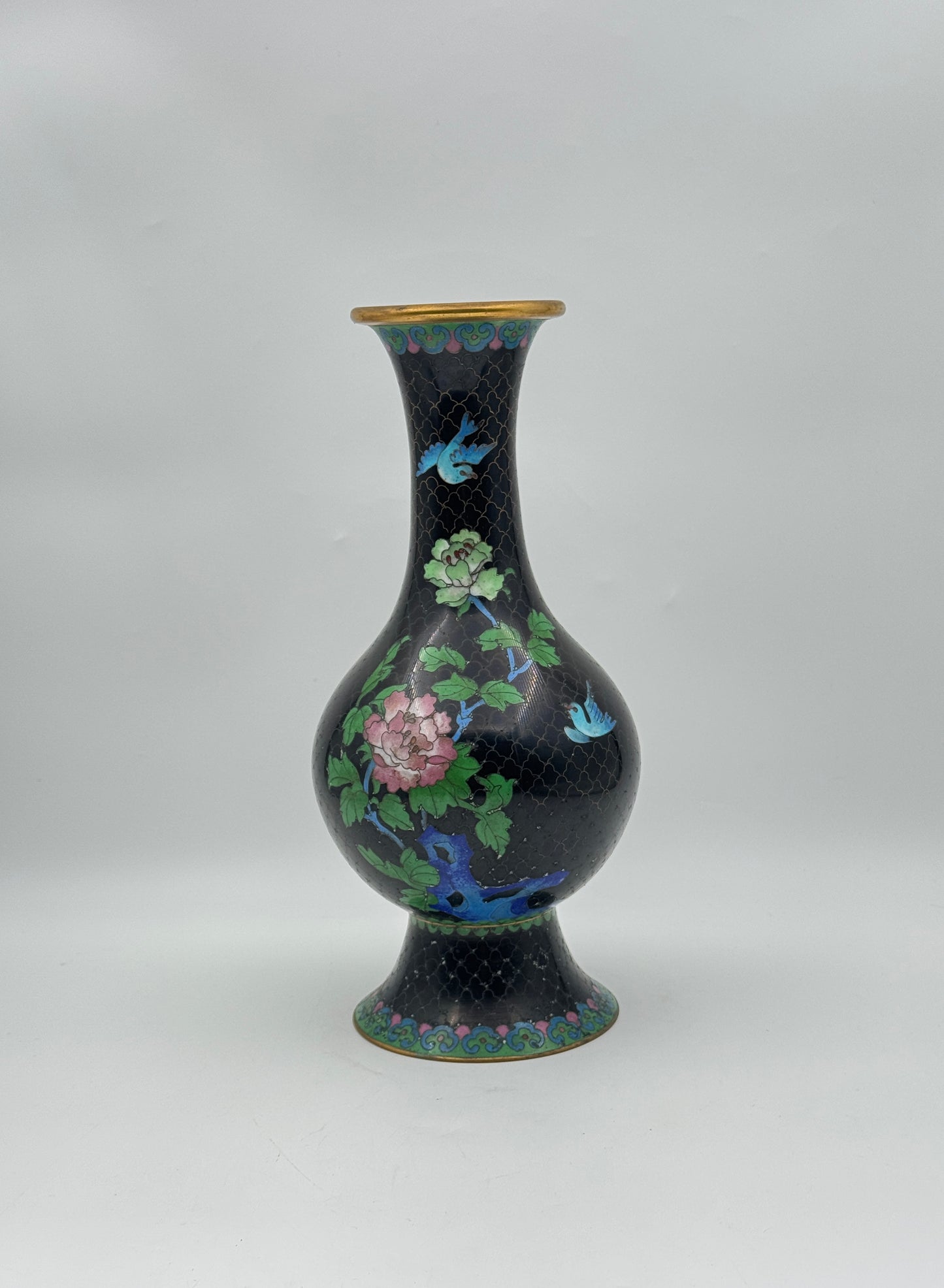 Chinese Cloisonné Vase – Black Enamel with Floral & Bird Design, Gold Rim