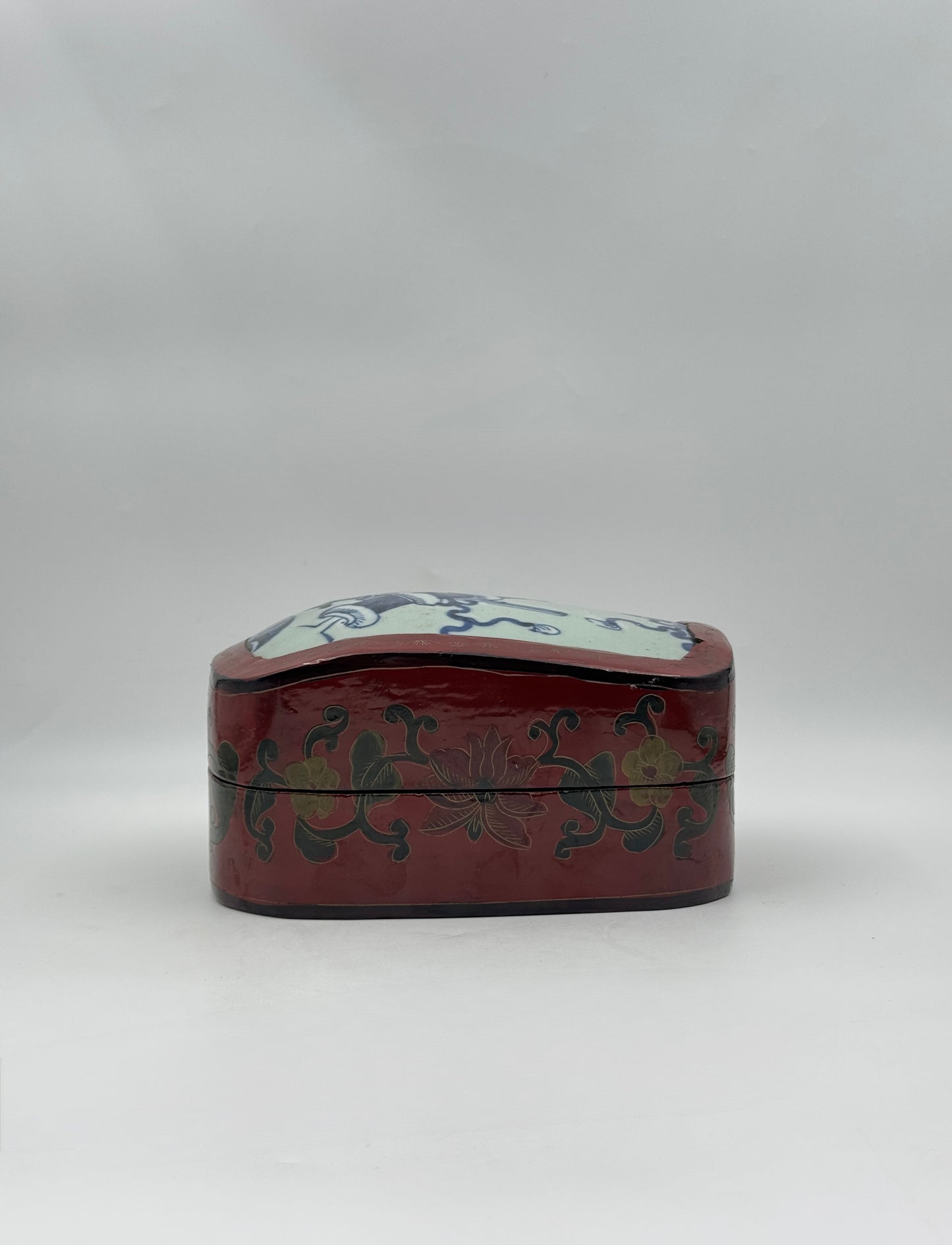 Chinese Lacquer Fragment Box with Blue & White Porcelain Inset Lid