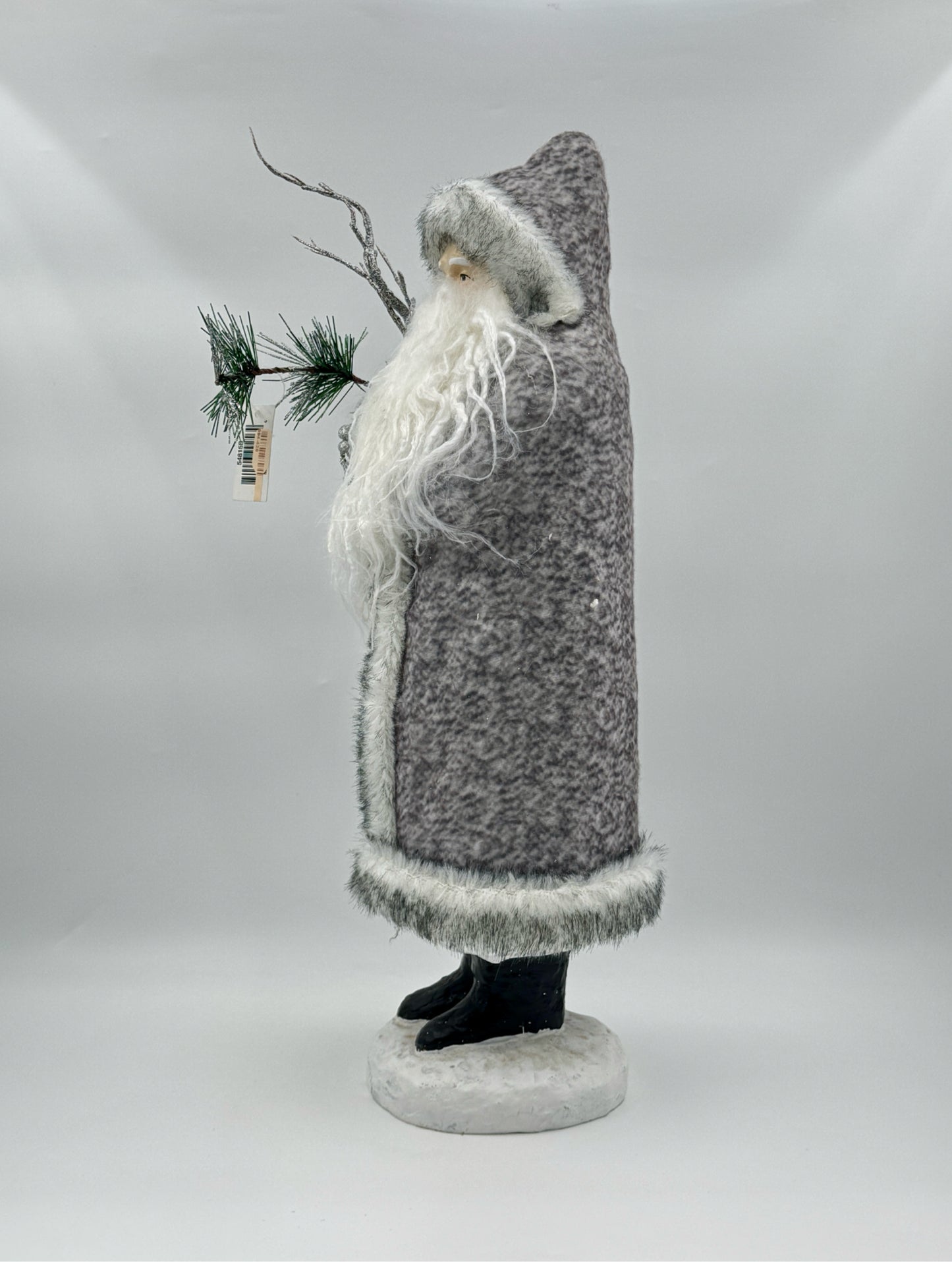 17" Gray Santa Figurine – Faux Fur Coat with Pine Branch