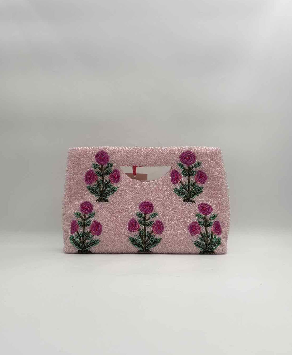 Hand Beaded Pink Floral Clutch Purse Rose Motif Evening Bag