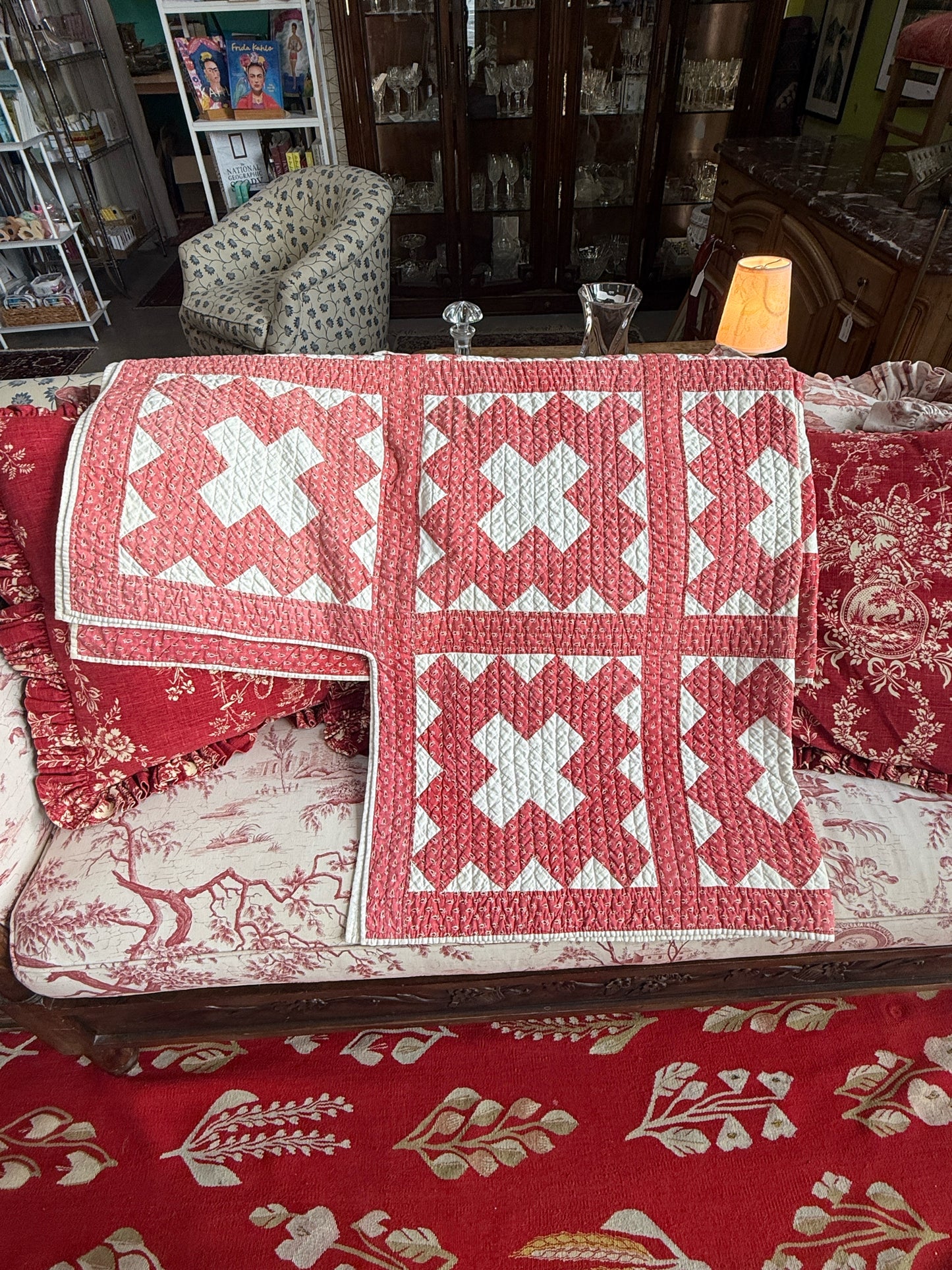Vintage "Crossed Canoe" Red And White Quilt