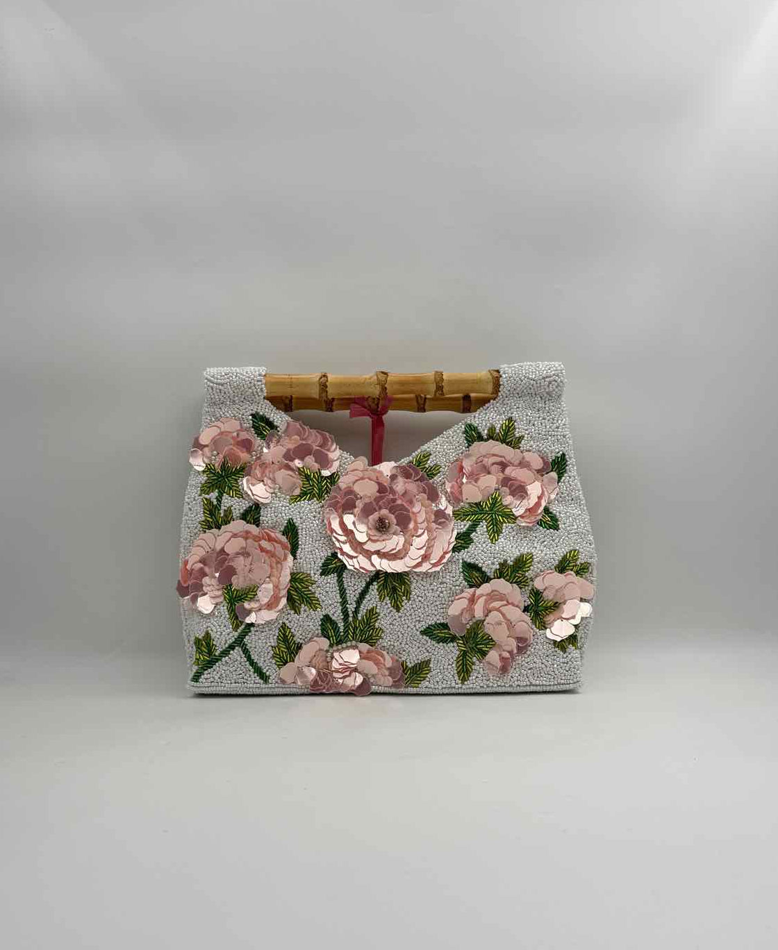 Hand Beaded Pink Floral Purse Handbag Bamboo Handle Evening Bag