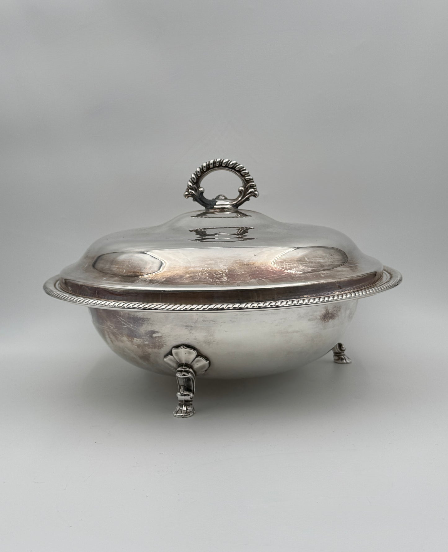 Silverplate Covered Serving Bowl with Glass Insert & Ornate Feet