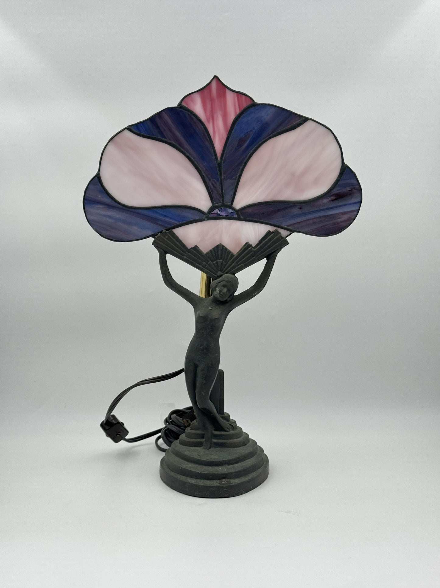 Art Deco Stained Glass Lamp with Female Figure Base