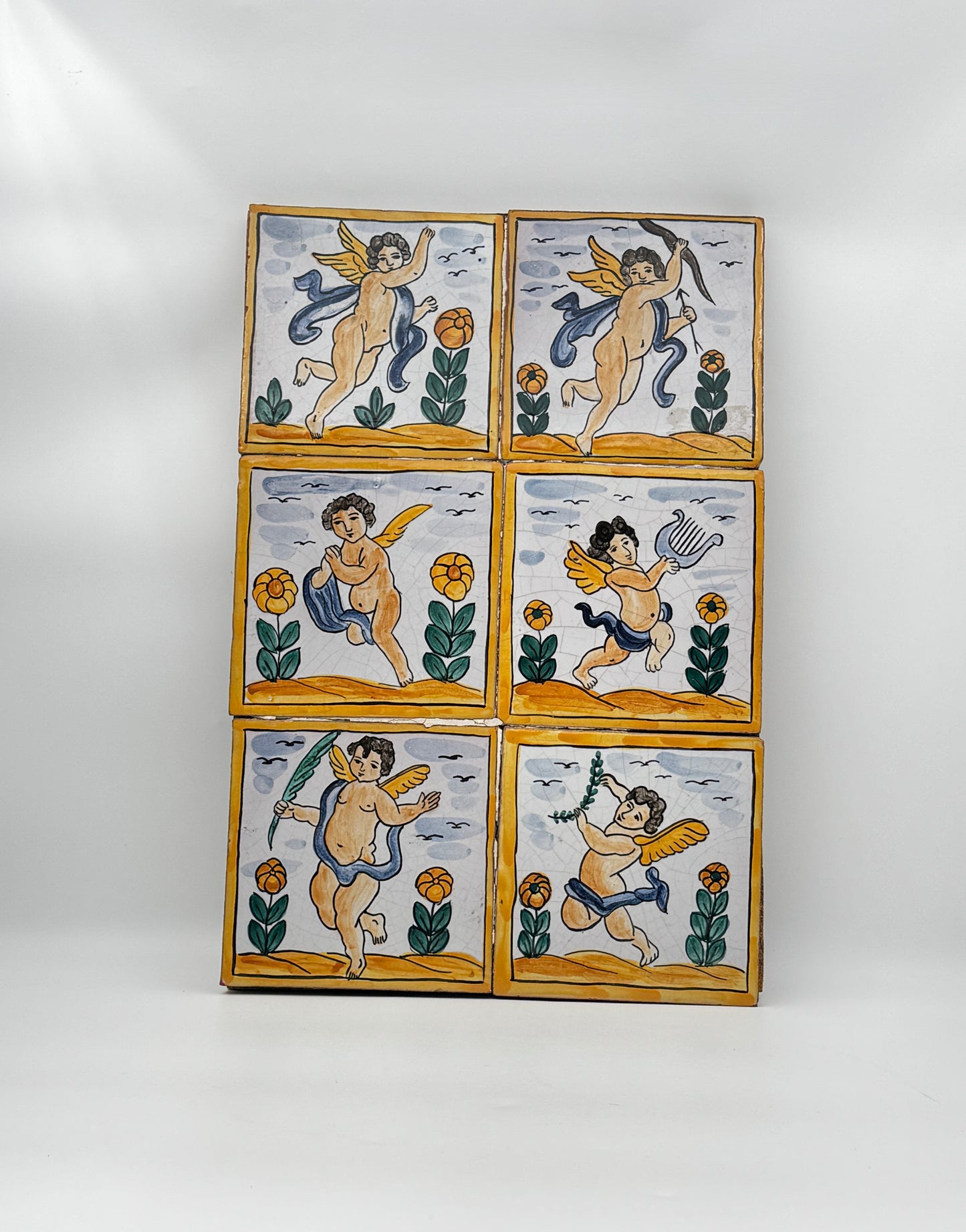 Italian Hand-Painted Tile Artwork Panel – 6 Tiles with Cherub/Angel Motif