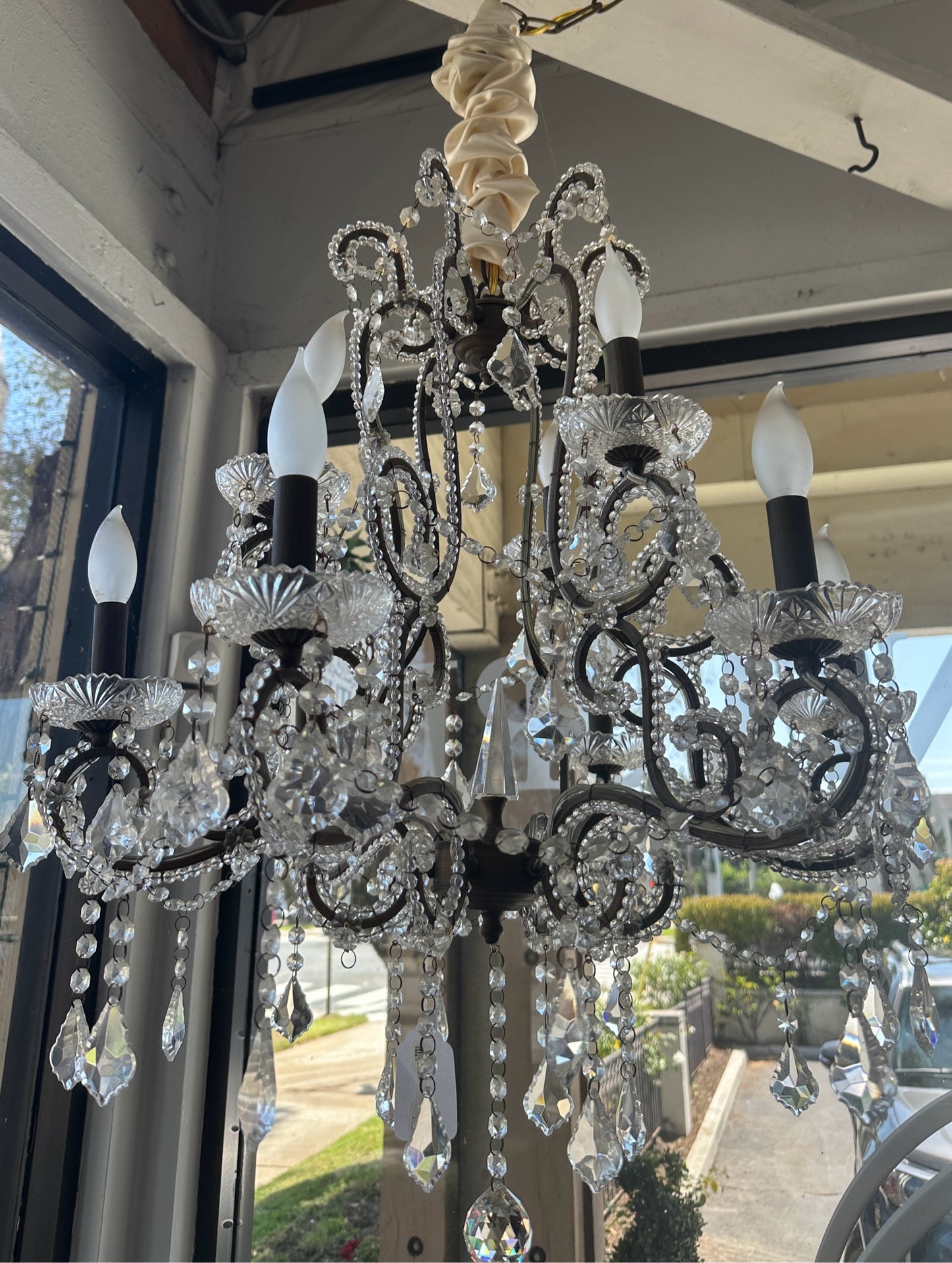 Two Tier Rococo Style Crystal Chandelier with Ornate Scrolling Arms