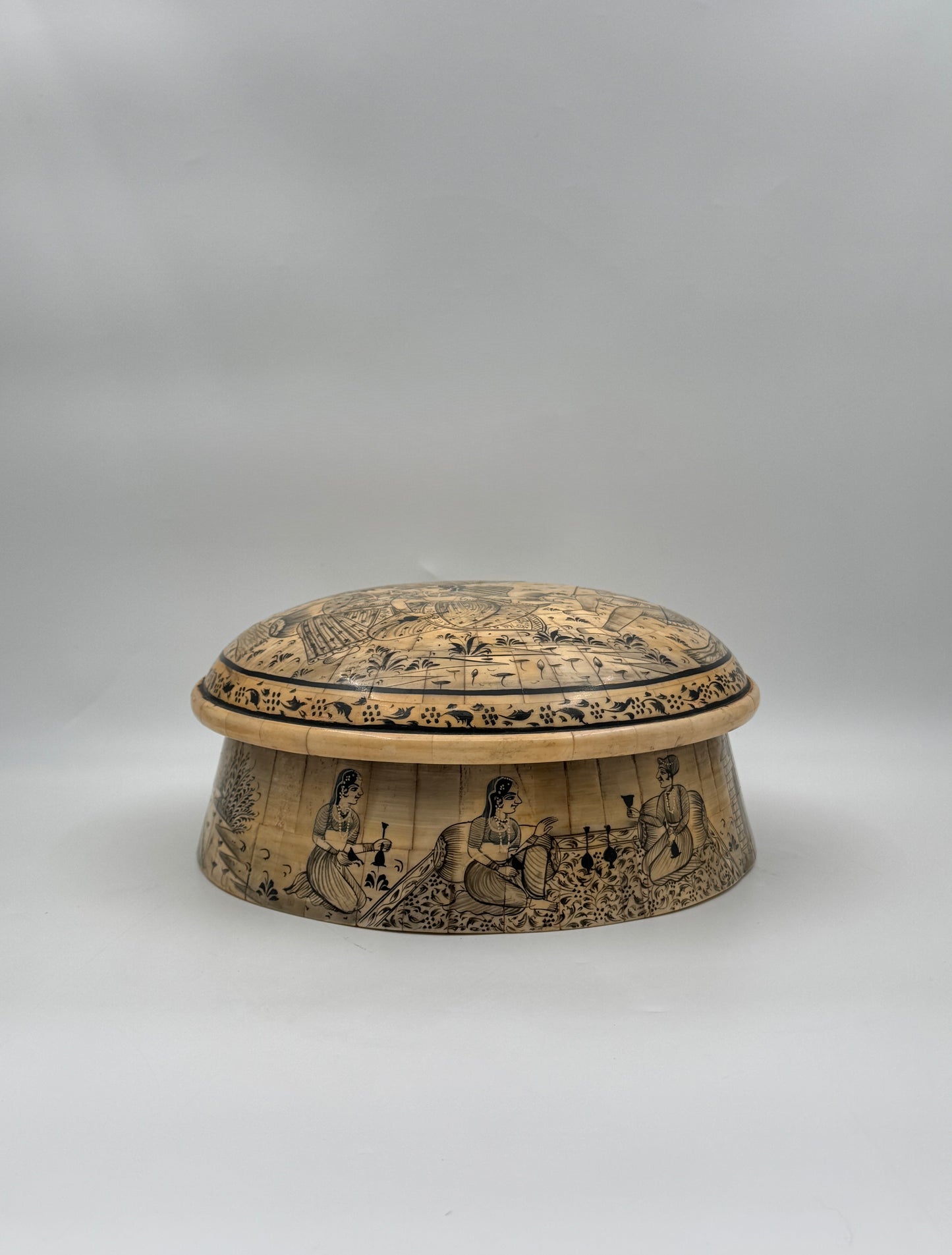 Hand-Painted Indian Bone Sweetmeat Box – Mughal Court Scene