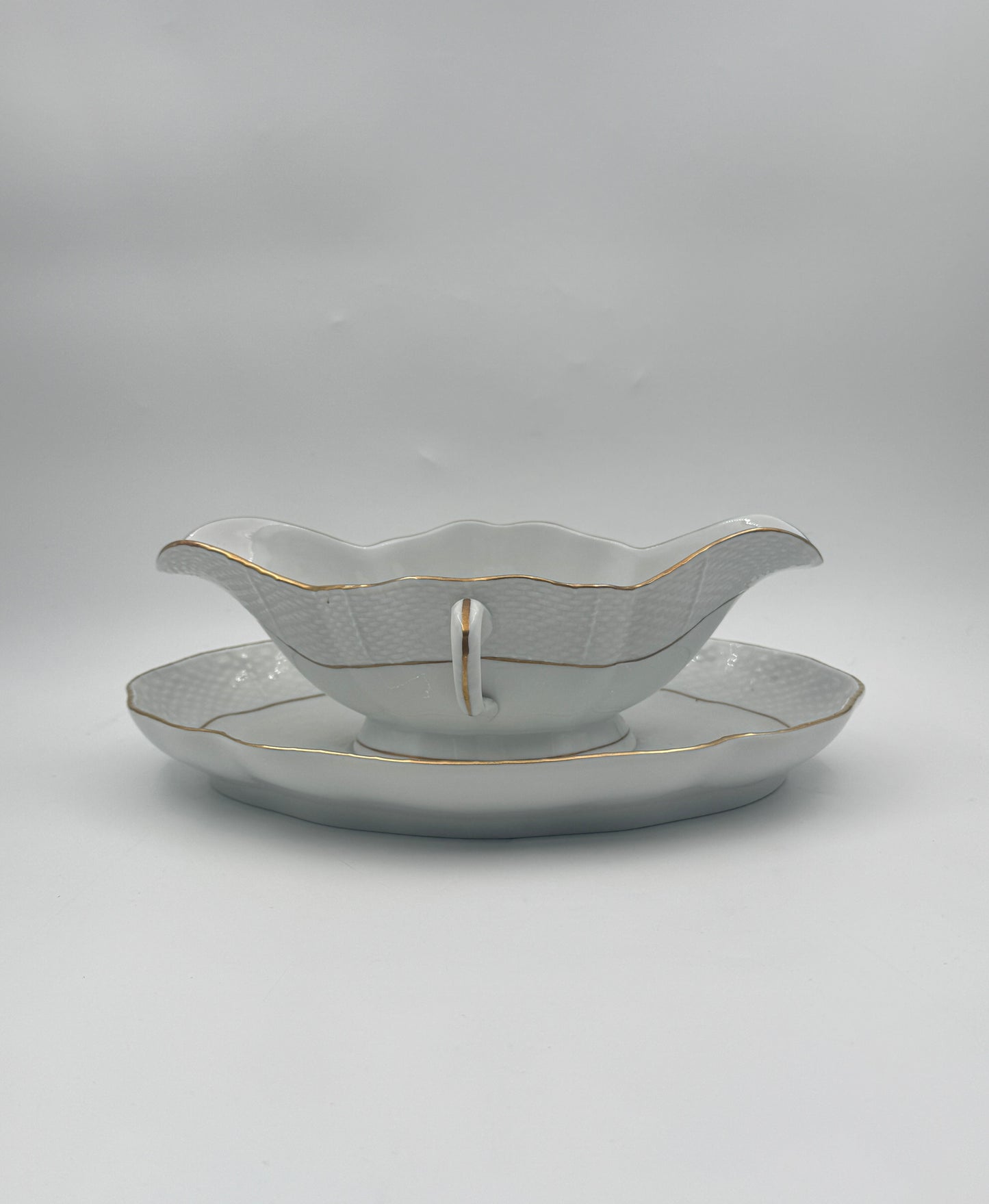 Herend Gravy Boat – White with Gold Rim, Double Handle, Attached Underplate