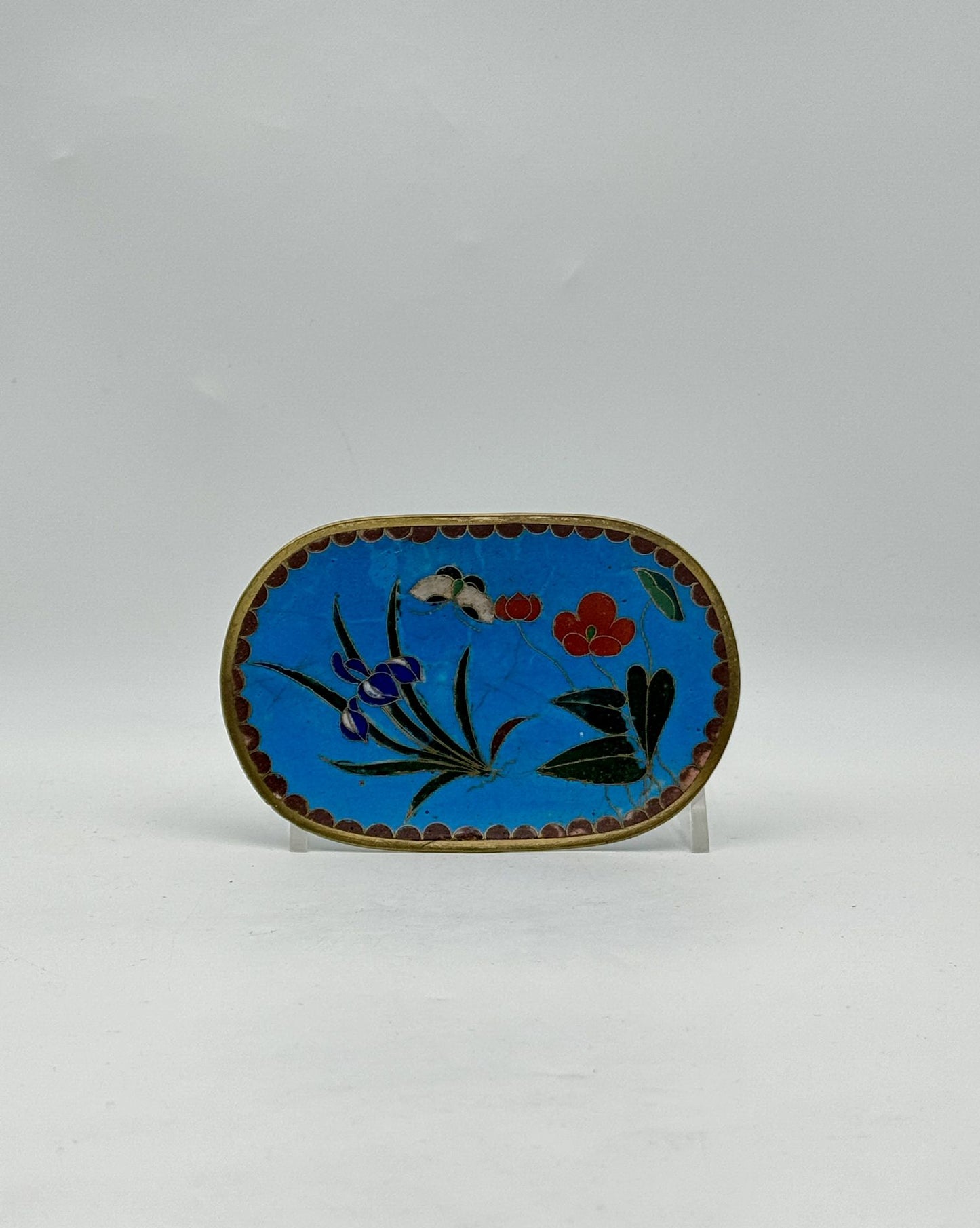 Vintage Chinese Cloisonné Oval Dish – Butterfly & Red Flowers on Sky Blue