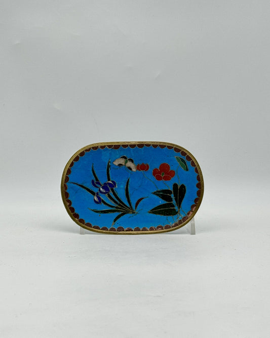 Vintage Chinese Cloisonné Oval Dish – Butterfly & Red Flowers on Sky Blue
