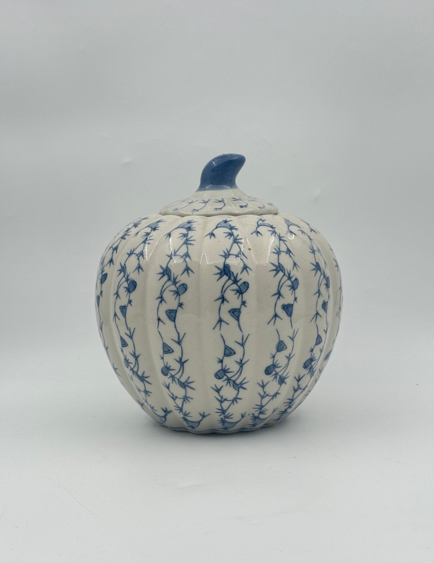 Blue and White Pumpkin-Shaped Jar with Lid