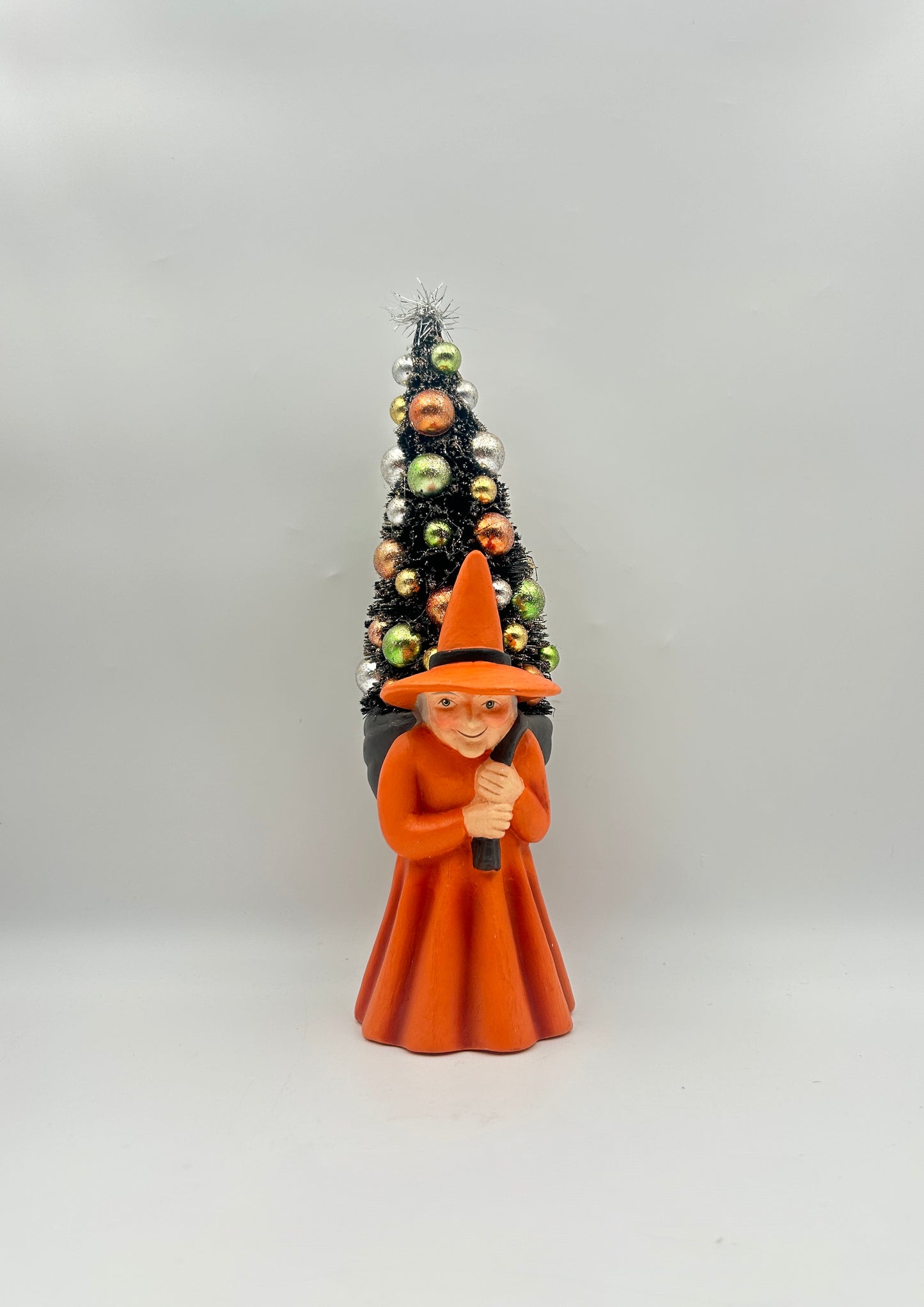Bethany Lowe Witch Carrying Decorated Tree – Hand-Painted Paper Pulp