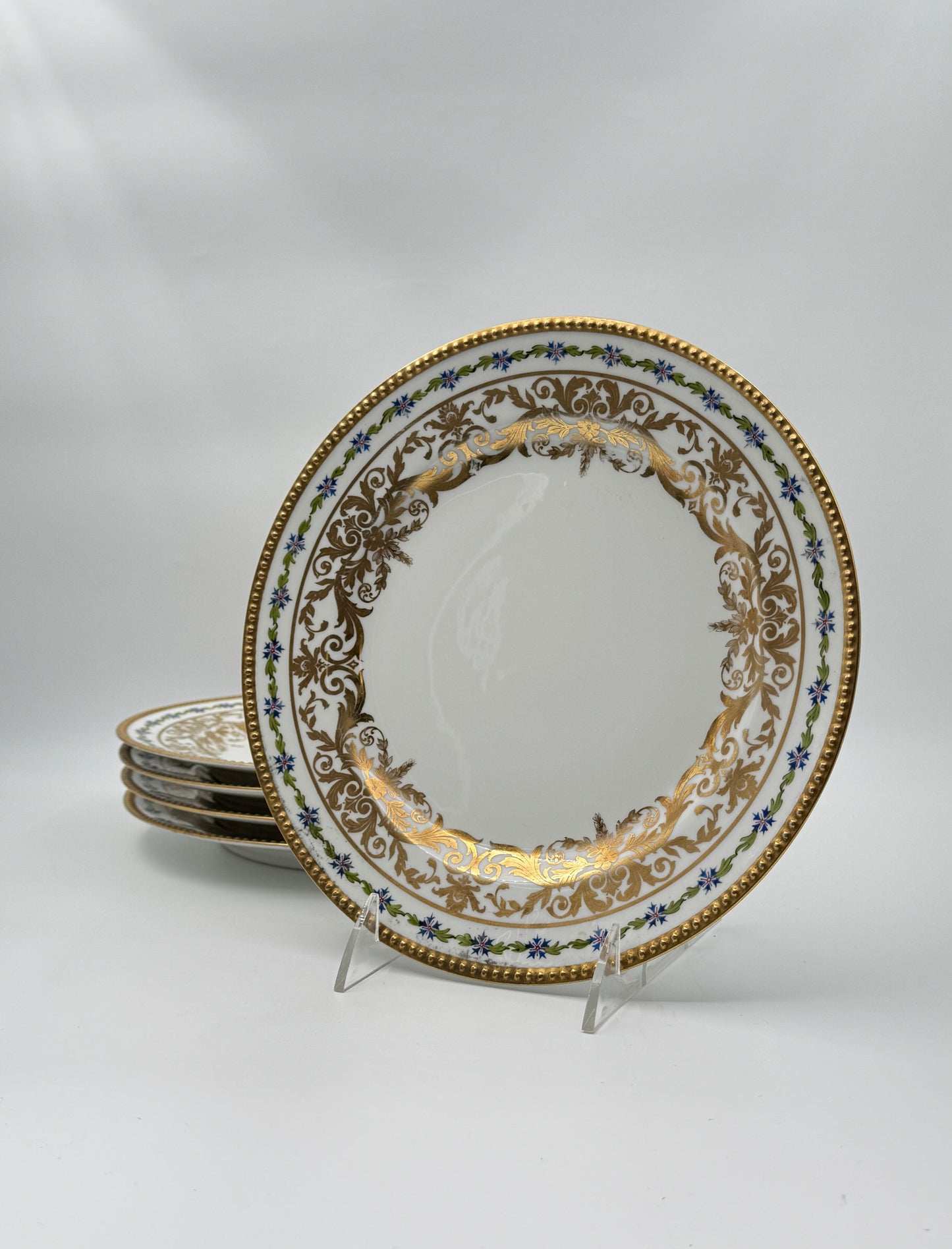 Five Jean Pouyat Limoges Luncheon Plates with Gold and Blue Floral Border