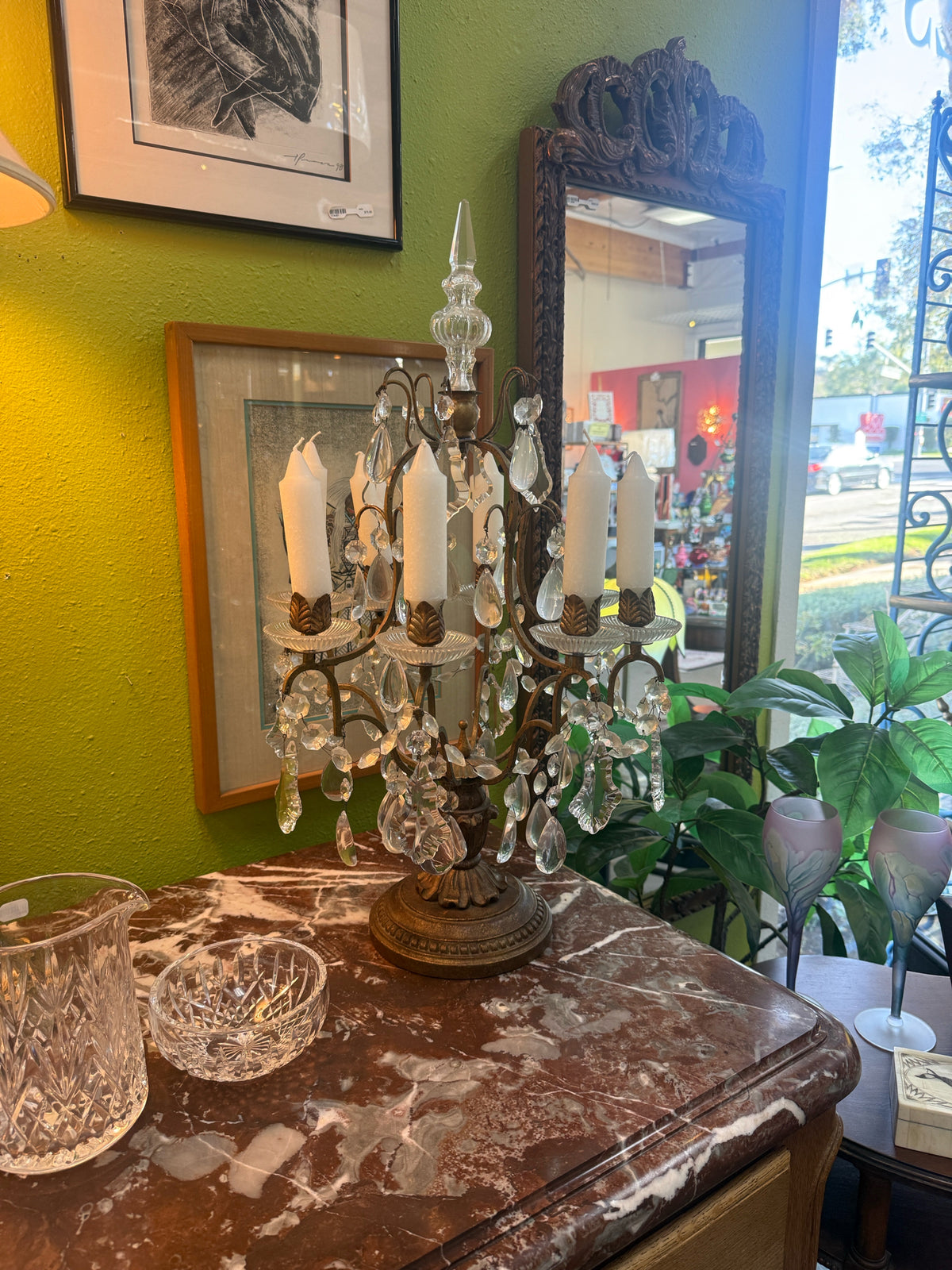 Ornate Metal And Crystal Tabletop Candelabra