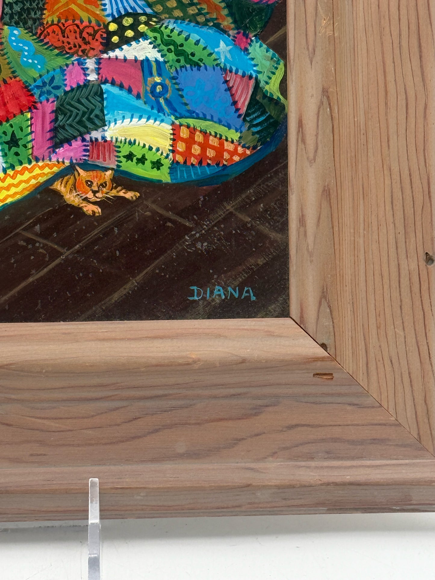 Framed Acrylic Painting Of A Grandma, Quilt, And Cat