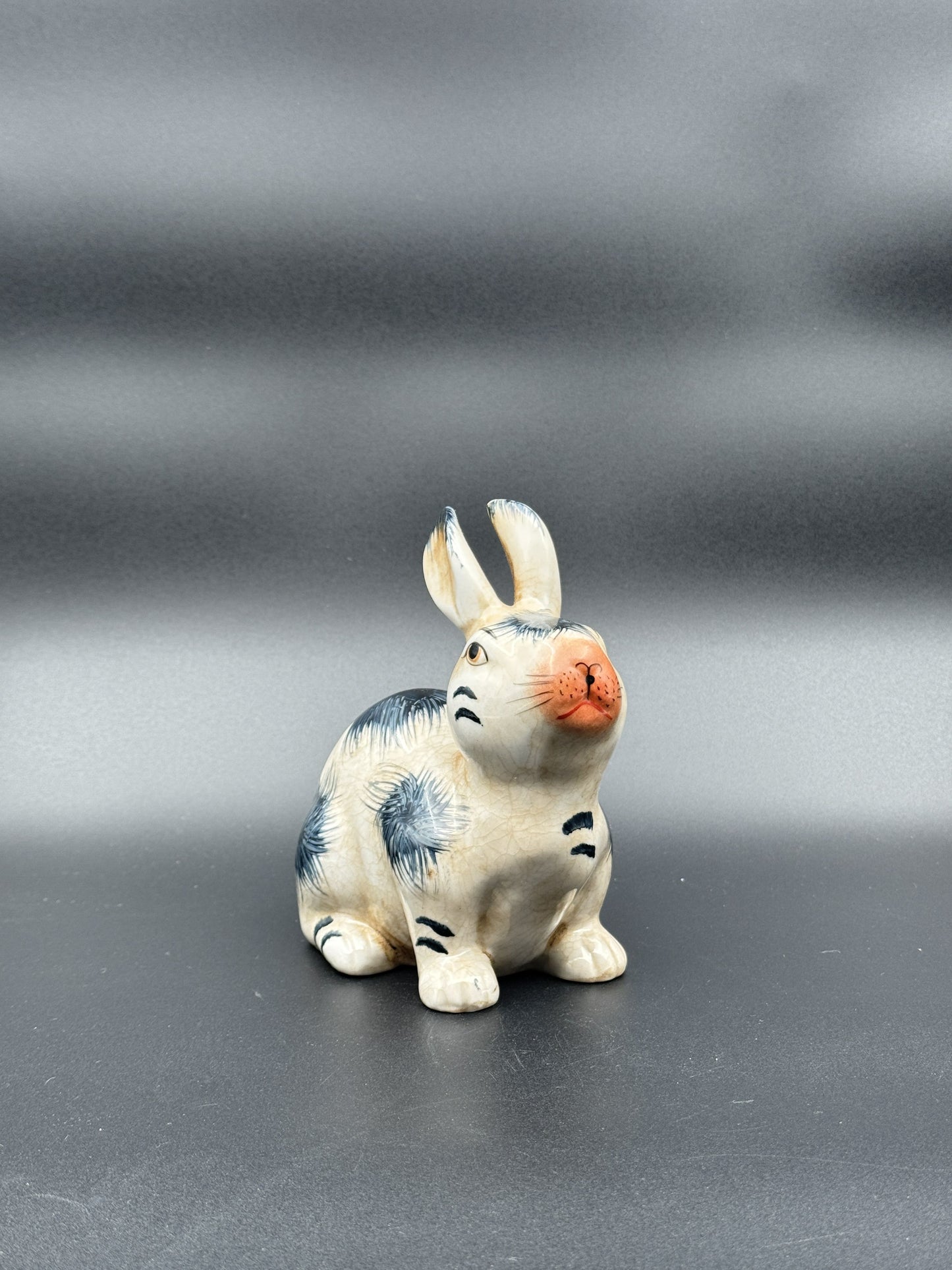 Small Staffordshire Rabbit Figurine – Blue and White Ceramic Bunny
