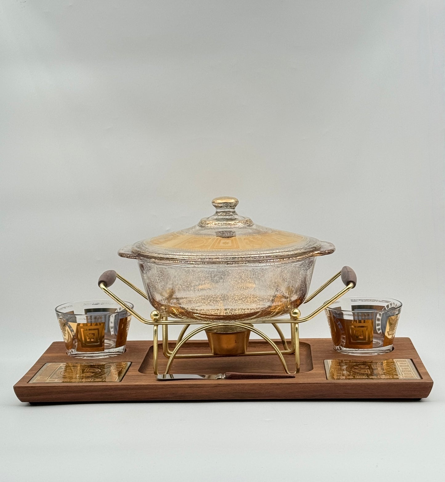 Mid-Century Fire-King Chafing Dish Set – Gold-Frosted Glass & Walnut Tray