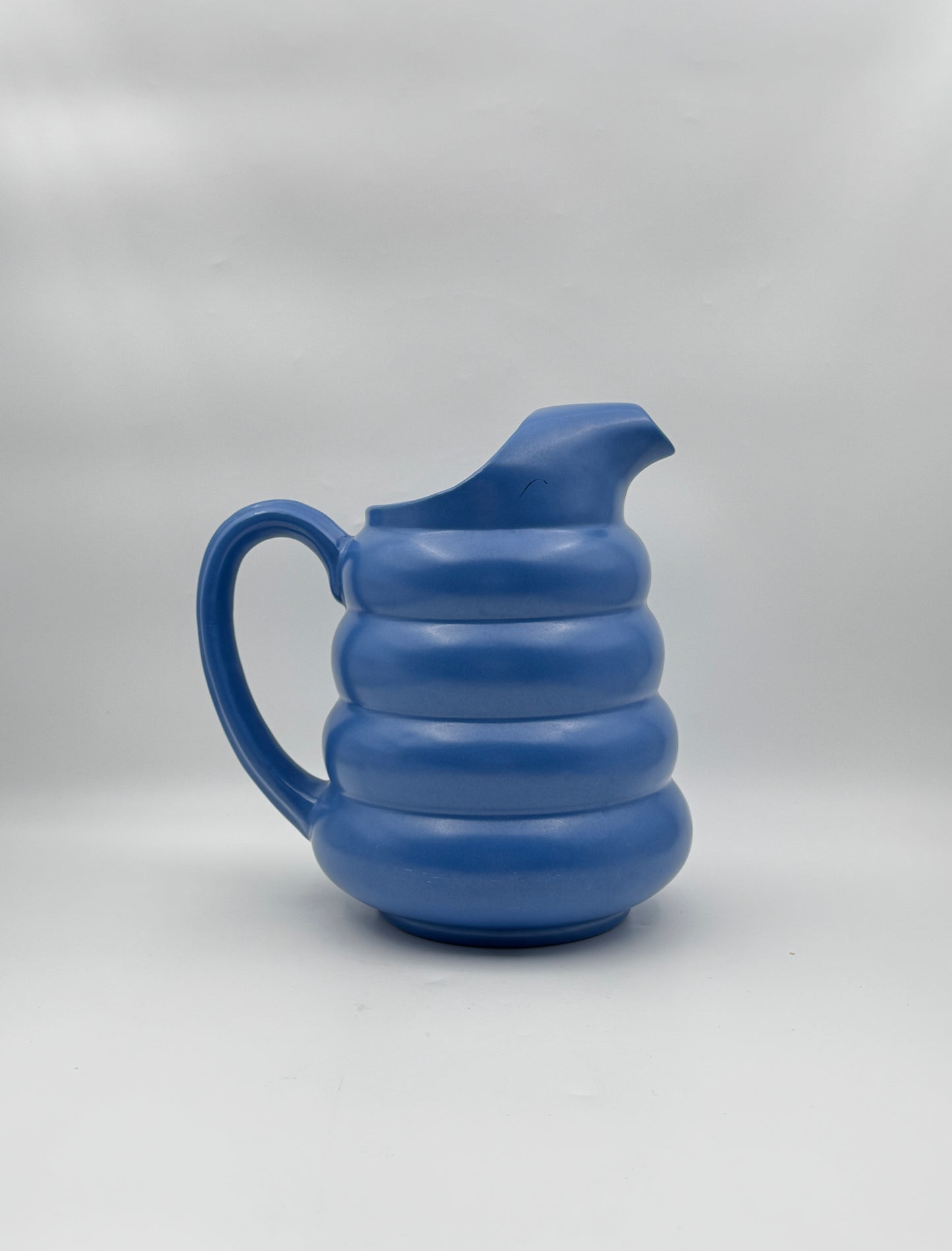 Mid-Century Padre Pottery Ribbed Pitcher – Periwinkle Blue – Marked “258”