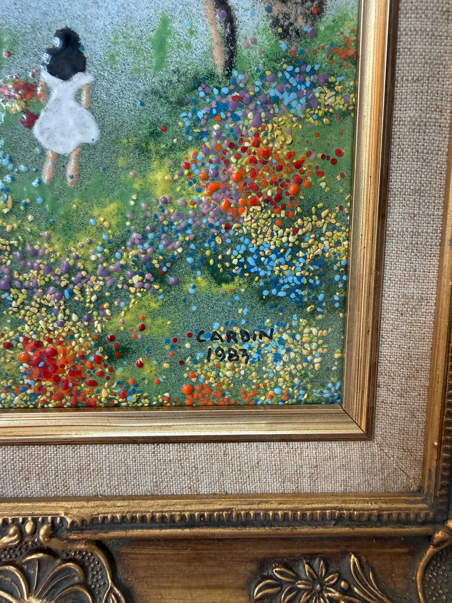 Framed Enamel On Copper Beach Seascape With Children By Louis Cardin