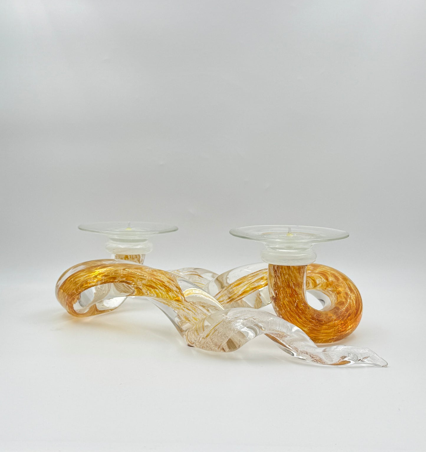 Pair of Art Glass Candle Holders by John Paul Robinson – Twisted Amber & Clear Design