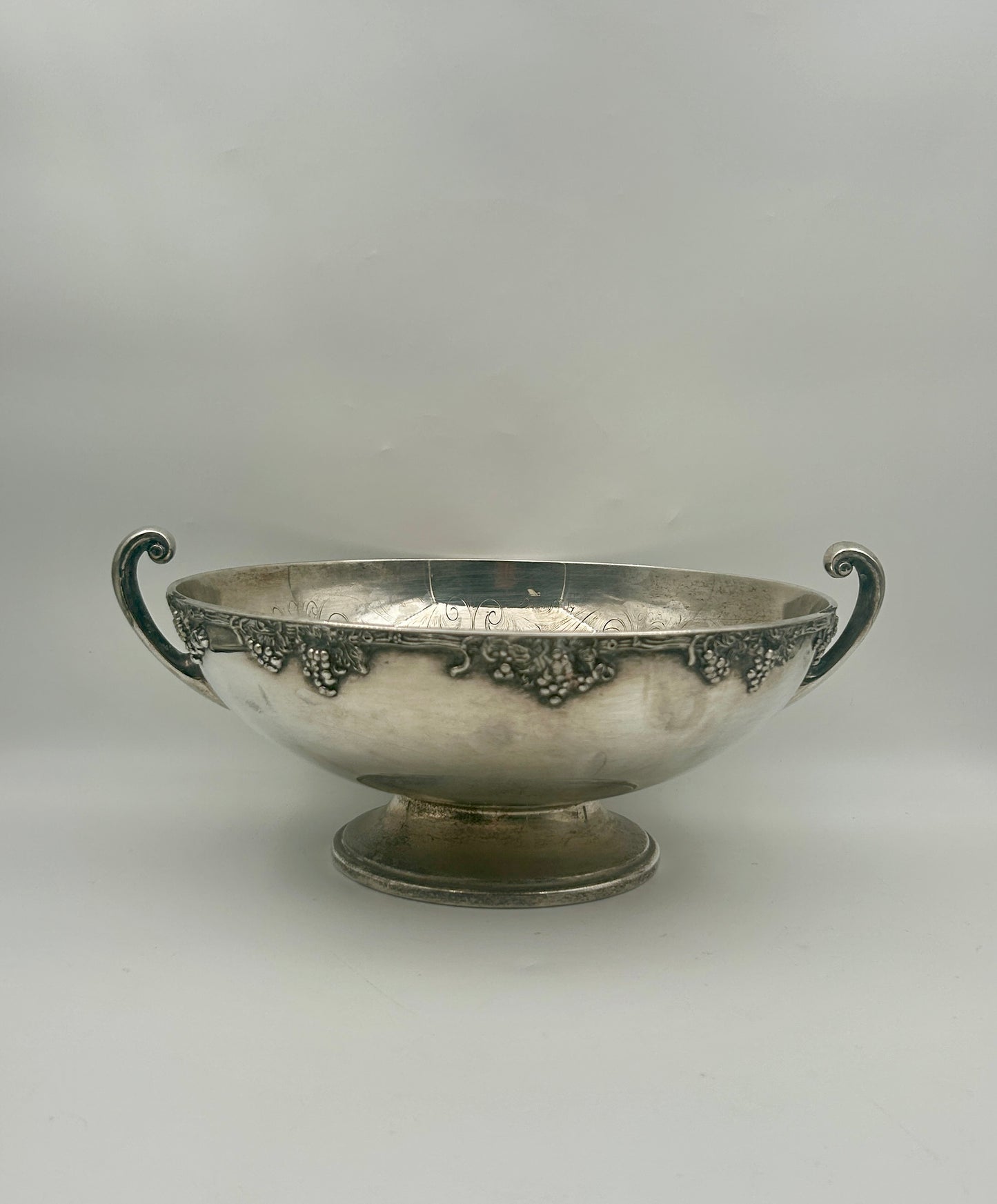 Silverplate Pedestal Bowl with Handles – Grape & Scroll Design