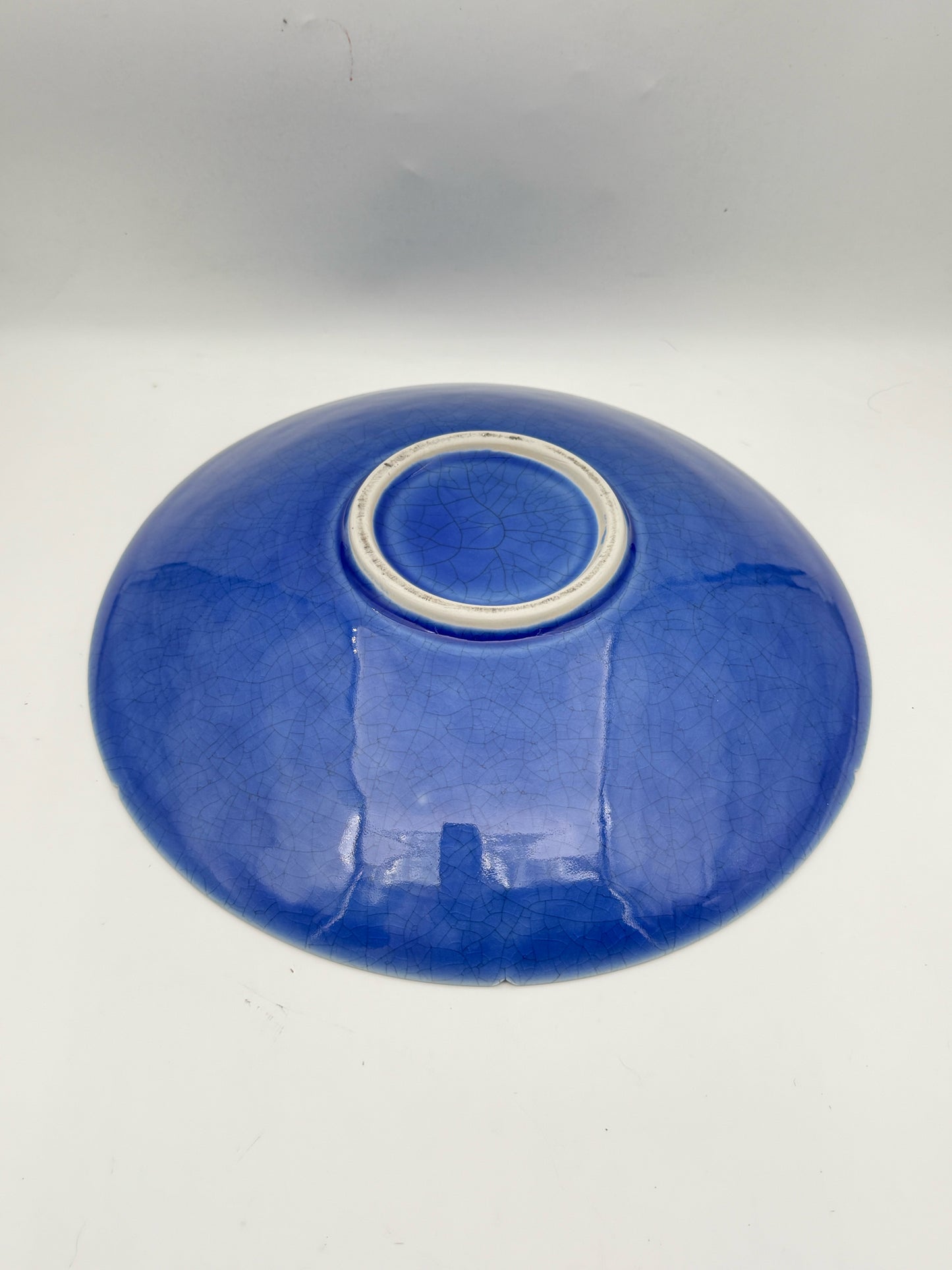 Shallow Fruit Or Serving Ceramic Bowl With Blue Crackle Glaze