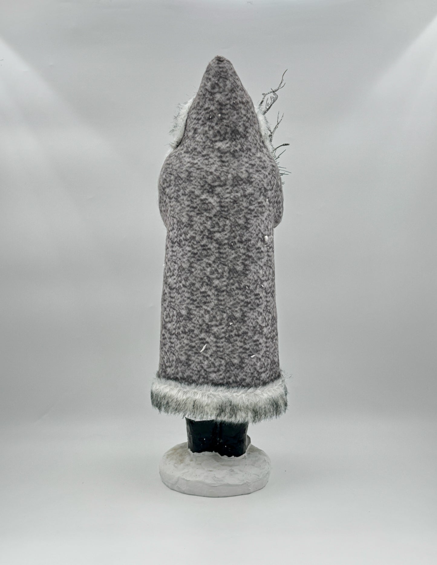 17" Gray Santa Figurine – Faux Fur Coat with Pine Branch