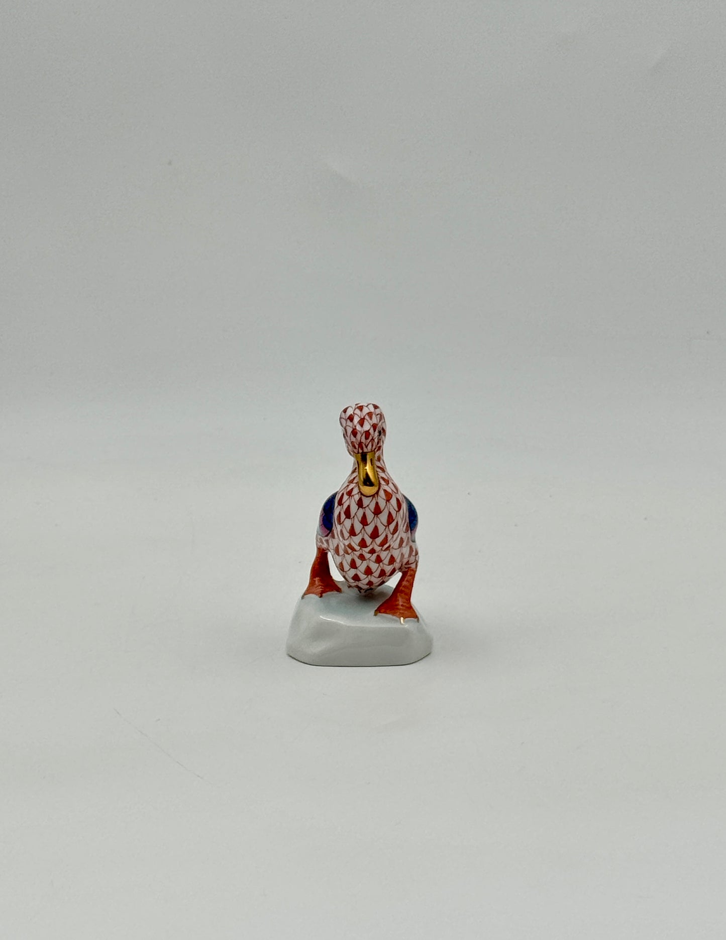 Herend Miniature Duck Figurine – Rust Fishnet Pattern with Multi-Color Feathers