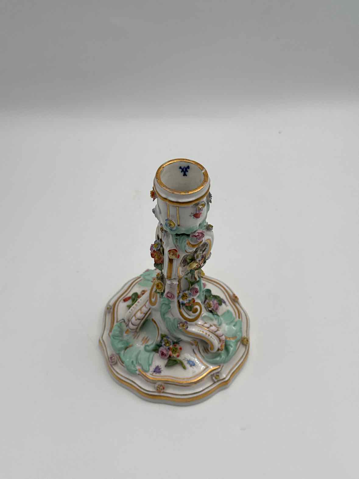 Meissen Porcelain Single Candleholder with Flowers & Rococo Scrollwork
