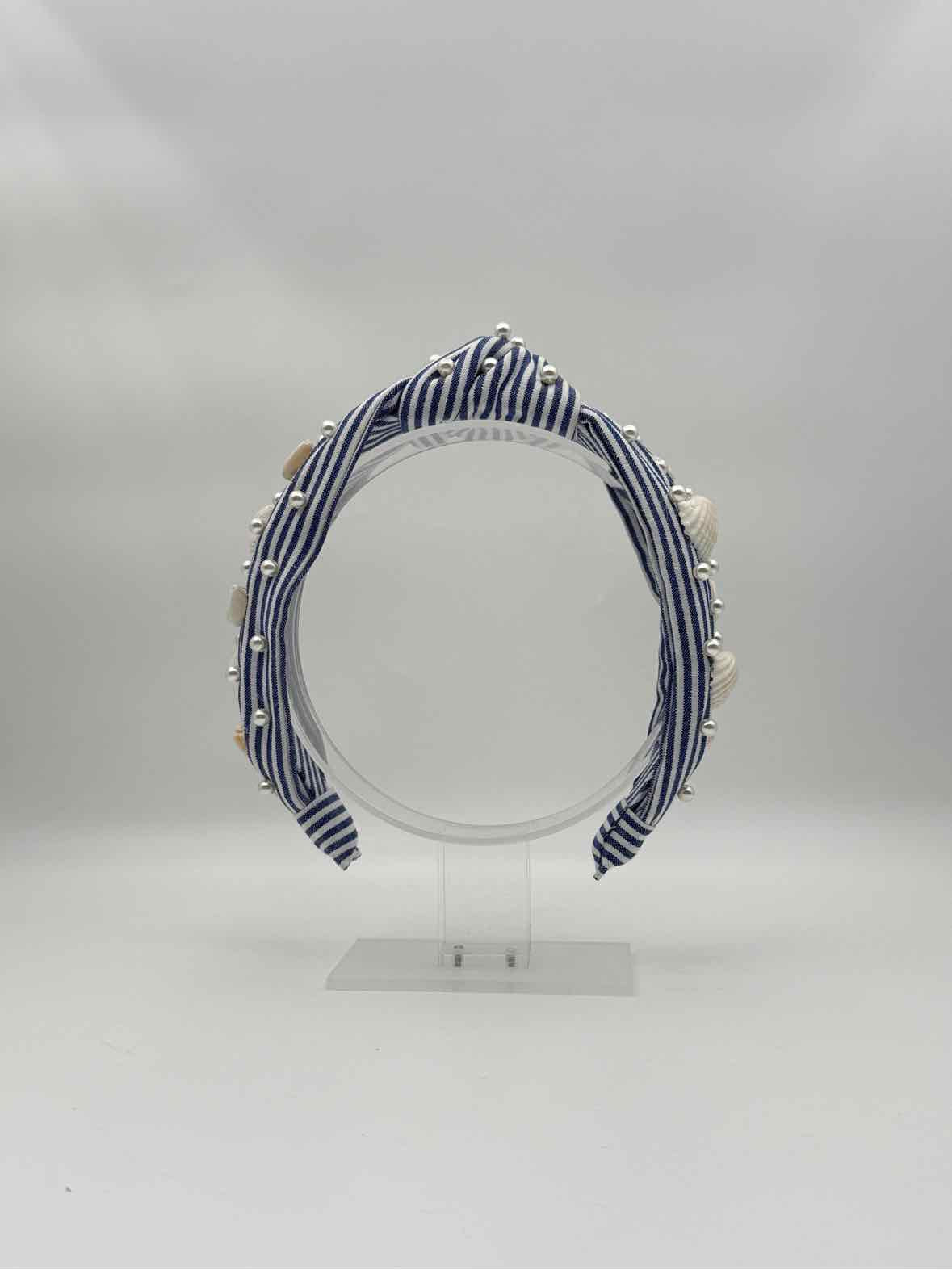 Blue Stripe Knotted Headband with Shell & Pearl Accents – Coastal Style Hair Accessory