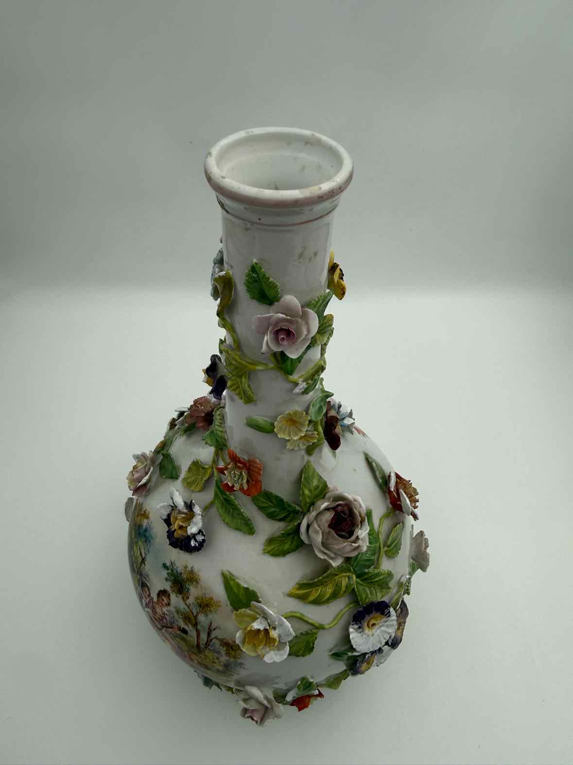 Antique 19th Century Meissen Inspired Floral Encrusted Handpainted Vases