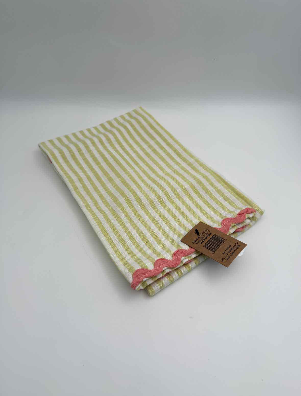Yellow Striped Cotton Tea Towel with Pink Ric Rac Trim Kitchen Cloth