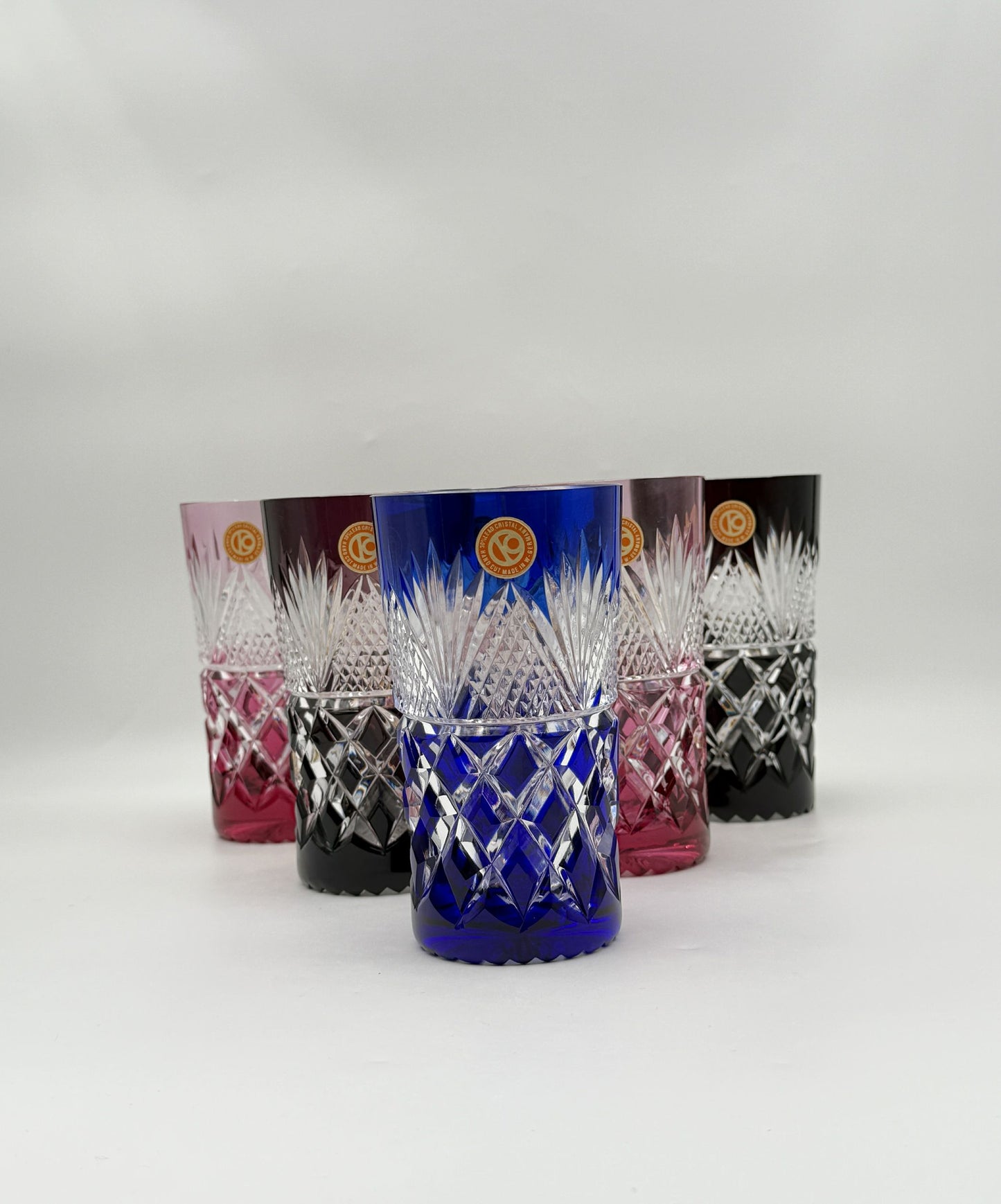 Set of 6 Czech Cut Crystal Tumblers – Multi-Color Drinking Glasses