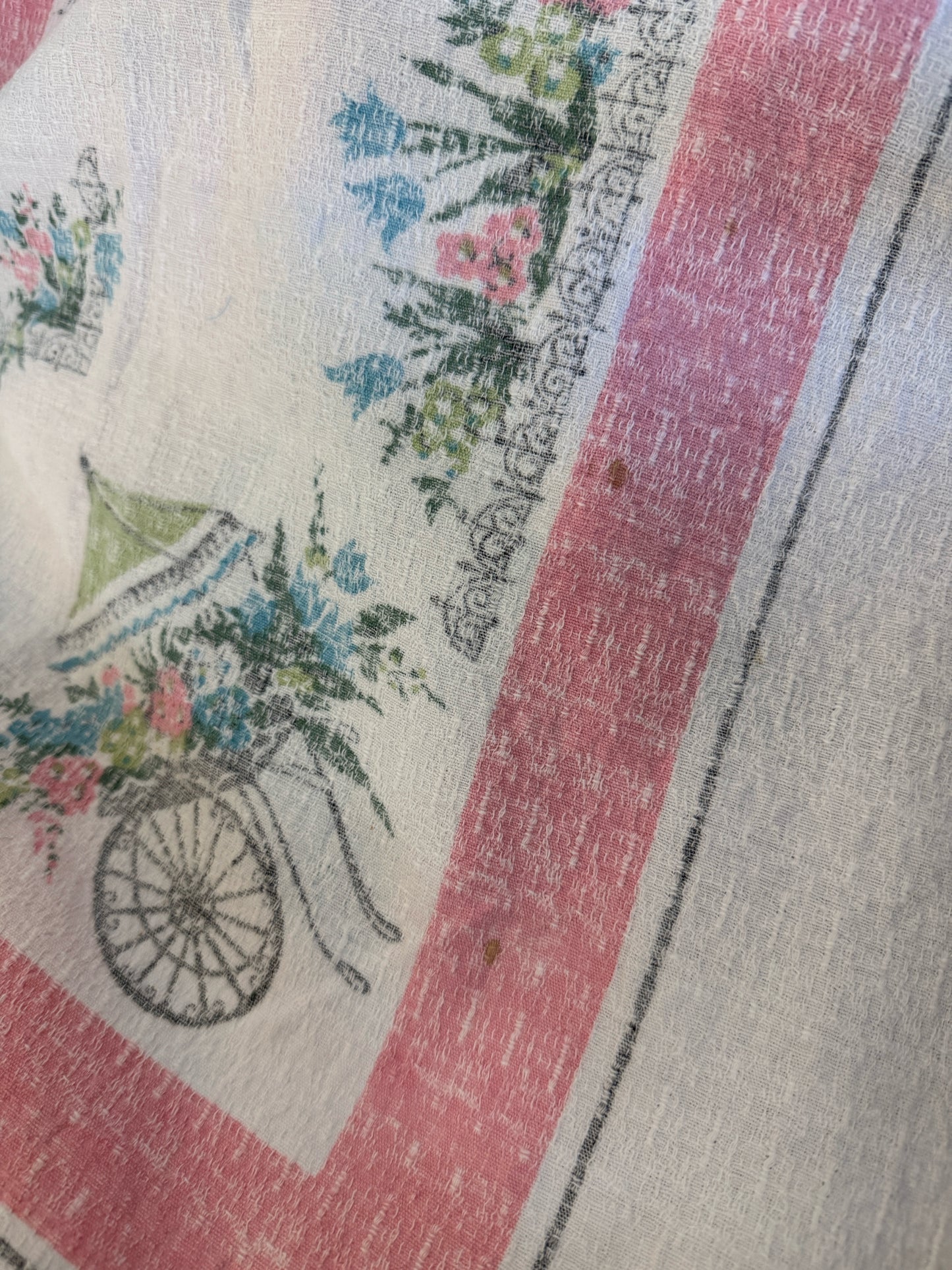 Vintage 1950's Pink Flower Cart Tablecloth