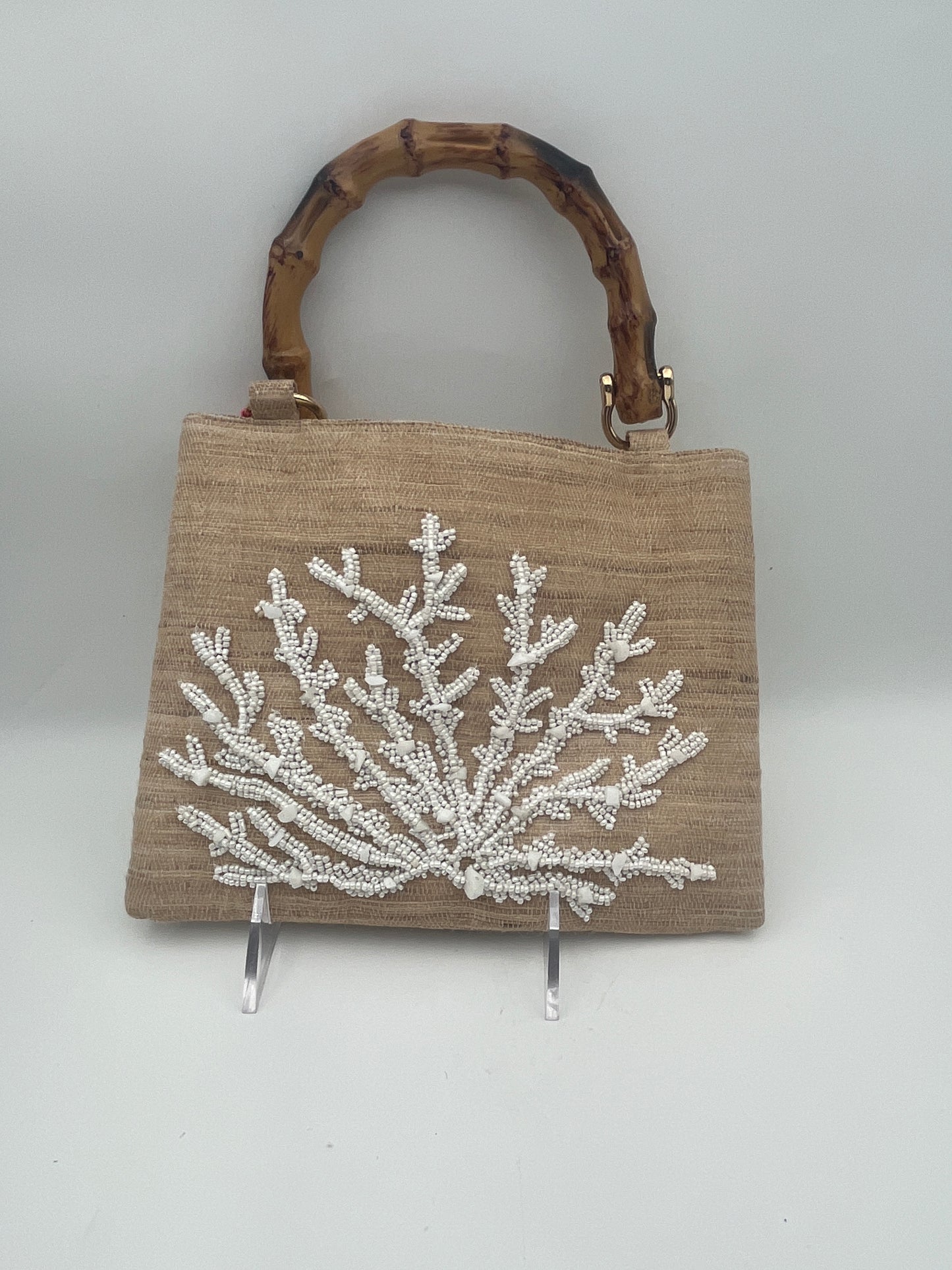 Hand Beaded White Coral Clutch with Bamboo Handle on Raw Silk