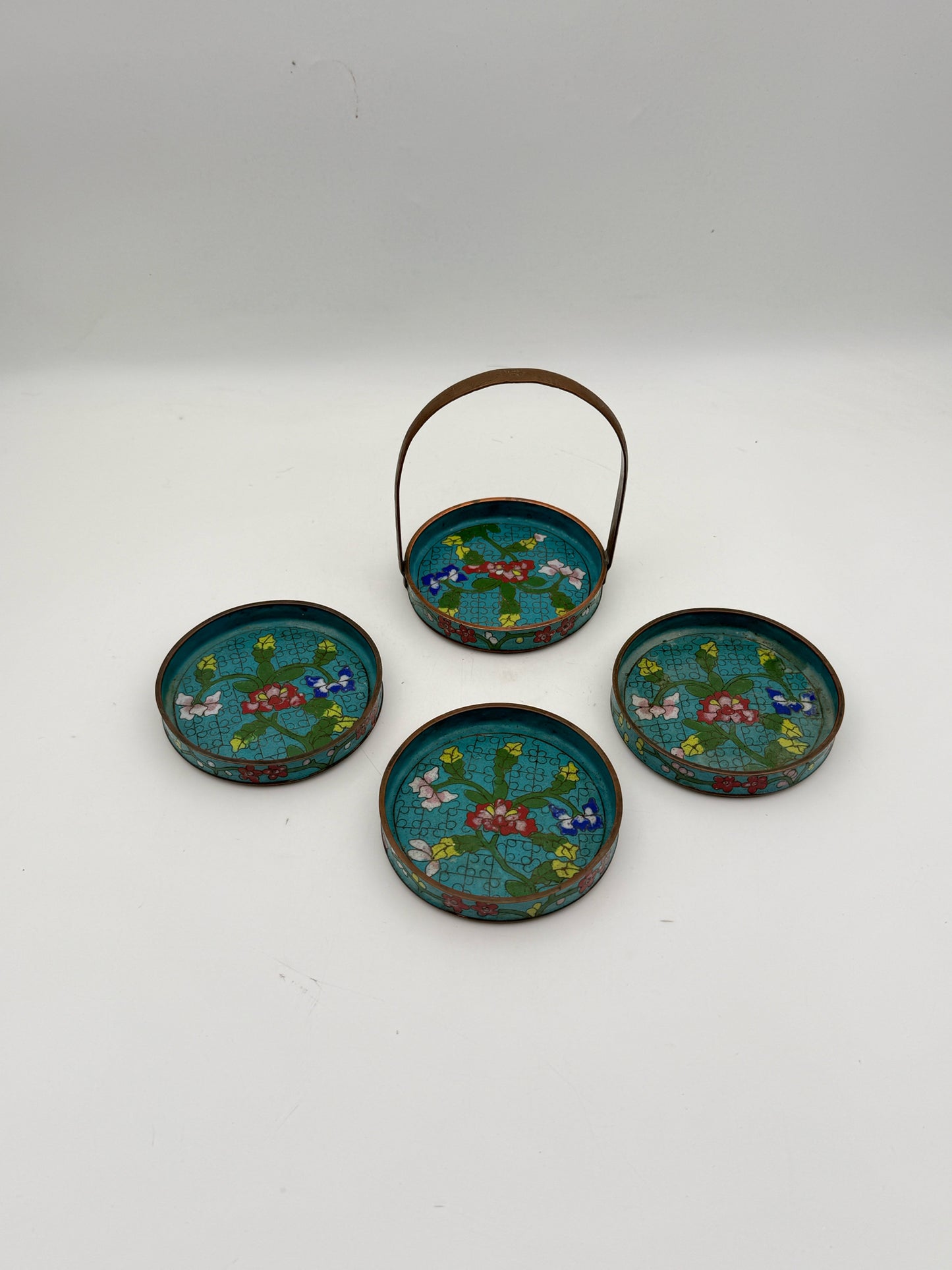 Vintage Cloisonne Coasters With Caddy