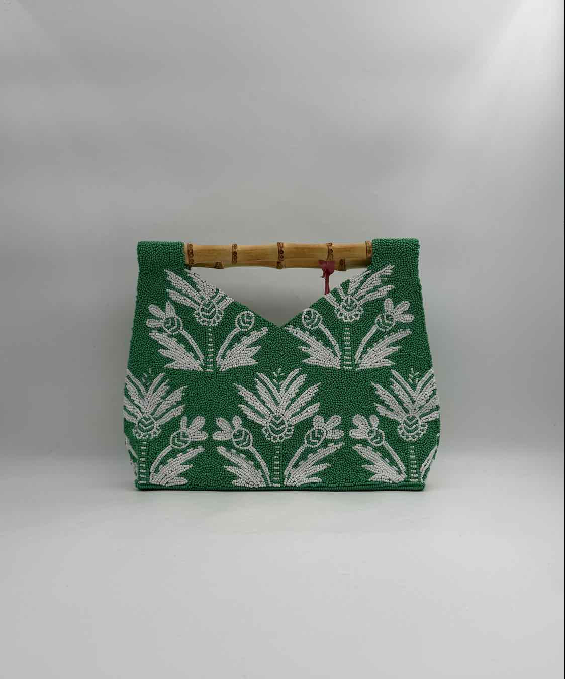 Hand Beaded Green Purse Handbag White Branch Bamboo Handle Evening Bag