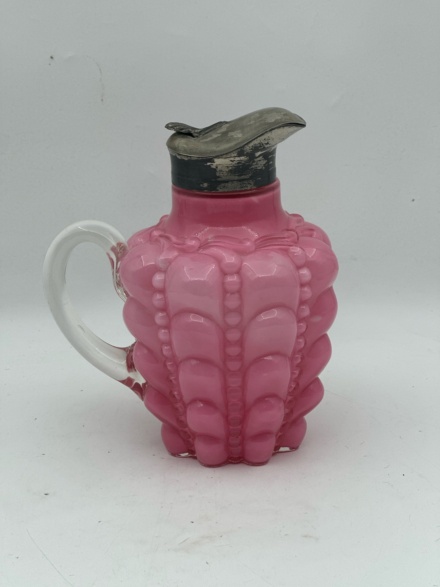 Antique Opaque Pink Glass Syrup Pitcher w/Applied Clear Handle an Metal Hinged Lid