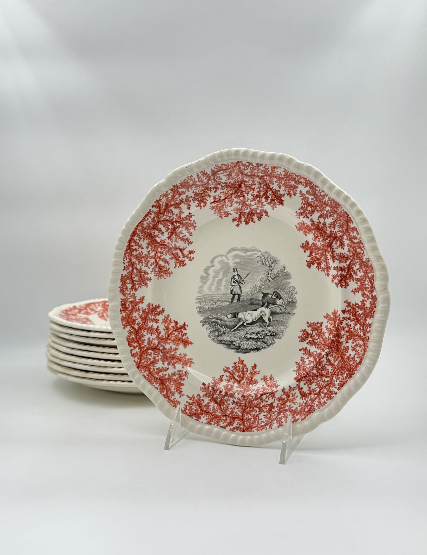 Set of 10 Copeland Spode Hunt Scene Plates – Red Transferware, c.1925