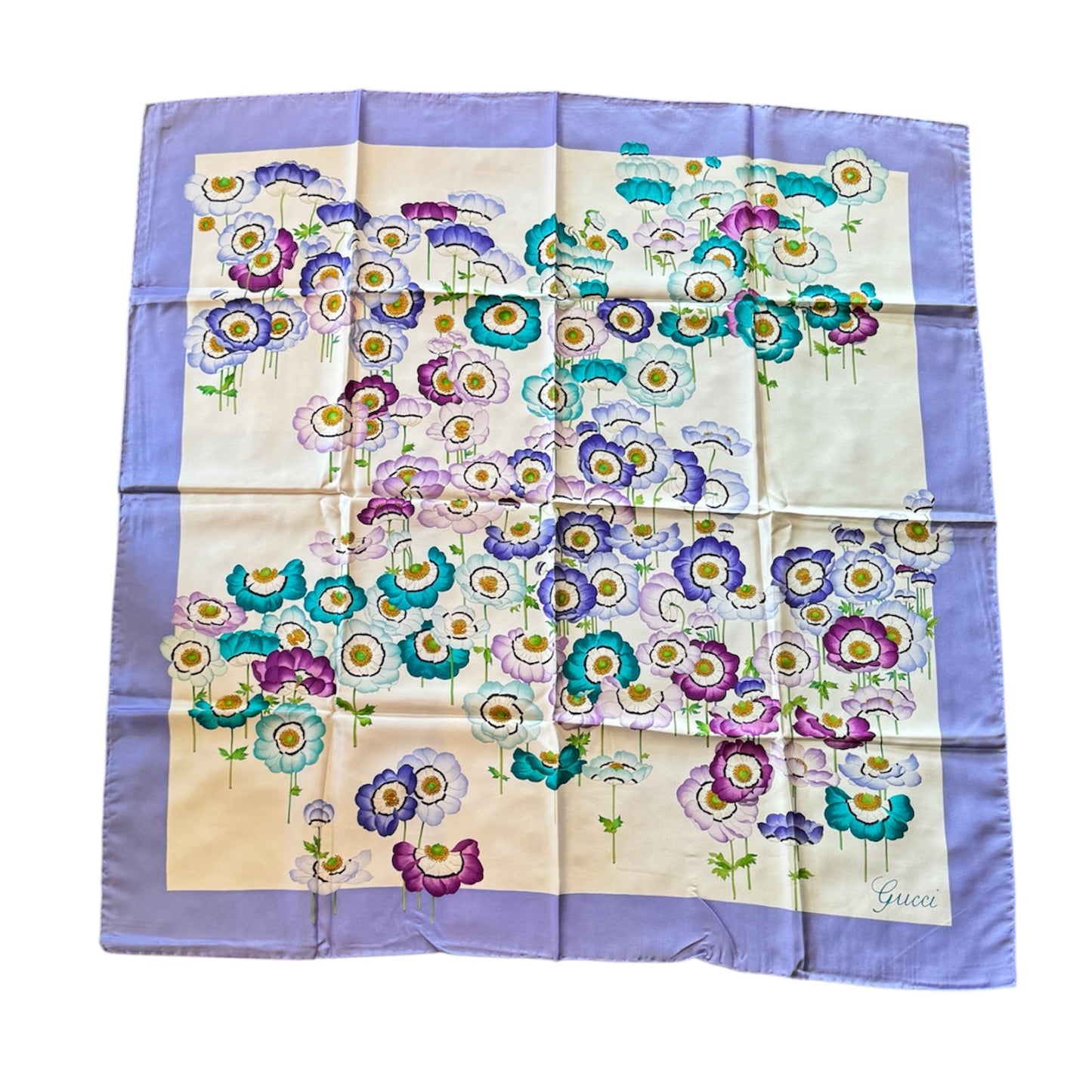 Gucci Silk Scarf – Anemones Floral Print, Lavender Border
