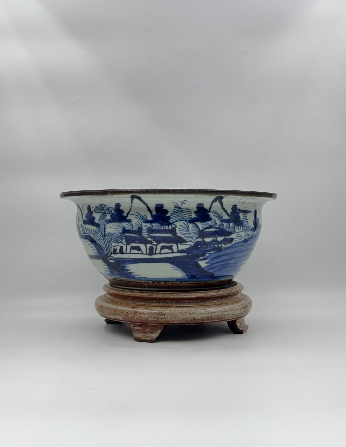 Chinese Blue & White Porcelain Bowl with Brown Rim on Wooden Stand