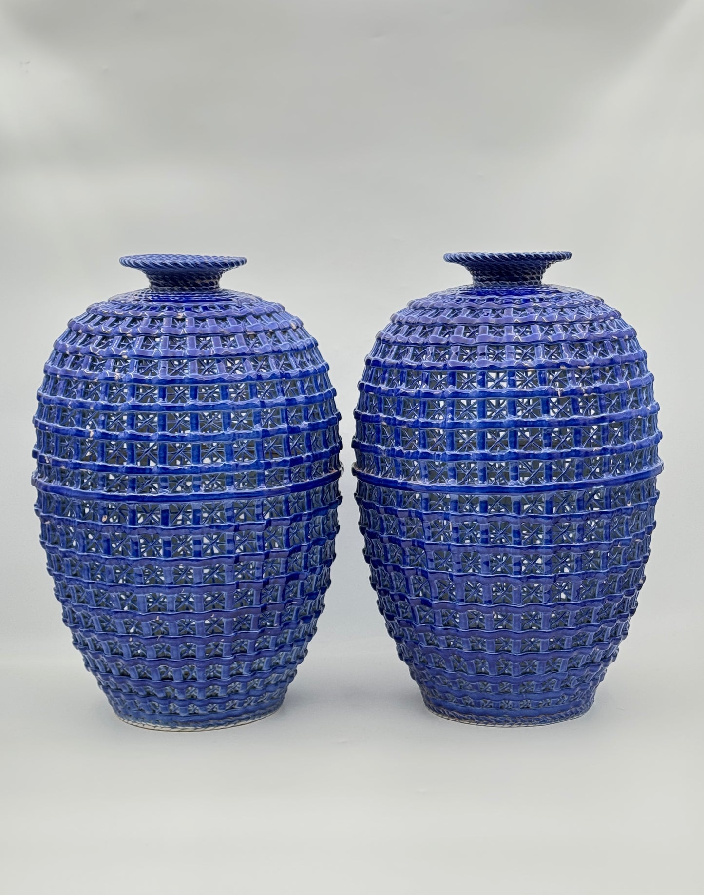 Pair of Chinese Woven Porcelain Vases with Silk Boxes