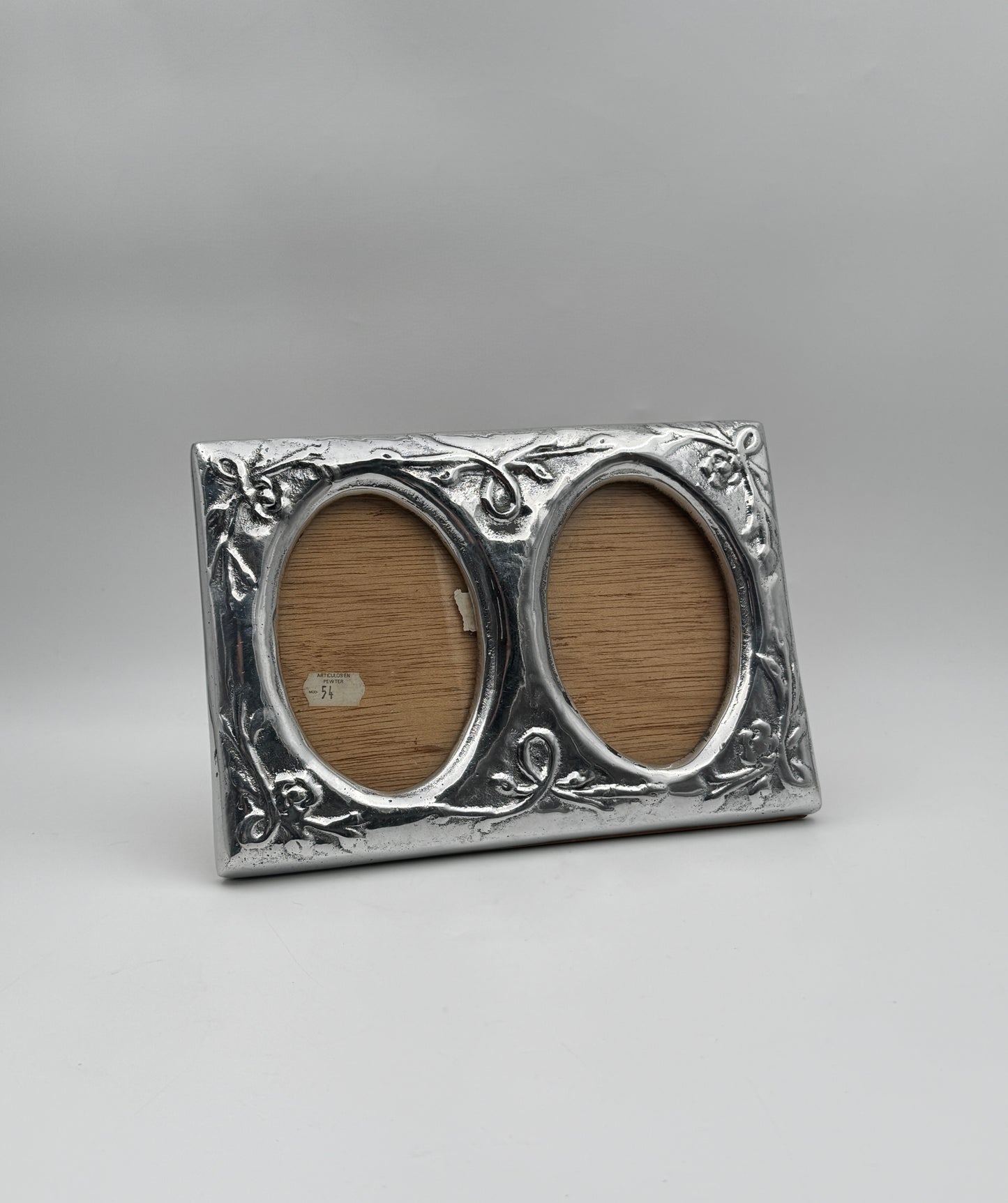 Double Oval Picture Frame – Pewter with Floral Motif – Wood Back