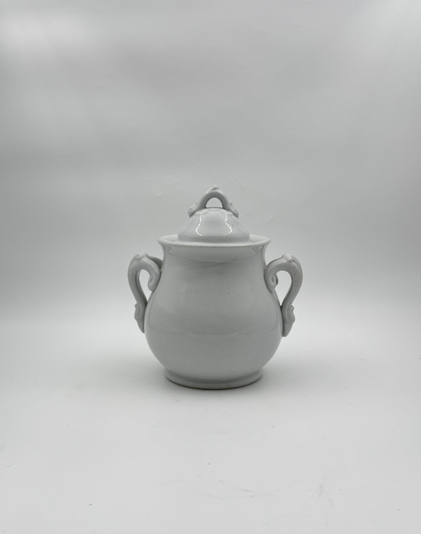 Antique White Ironstone Sugar Bowl with Ornate Double Handles and Lid