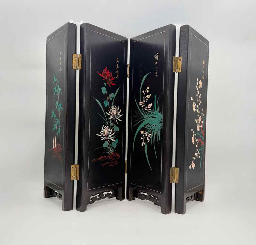 Asian Black Lacquer Hardstone Inlay Folding Table Screen 4 Panel Decor