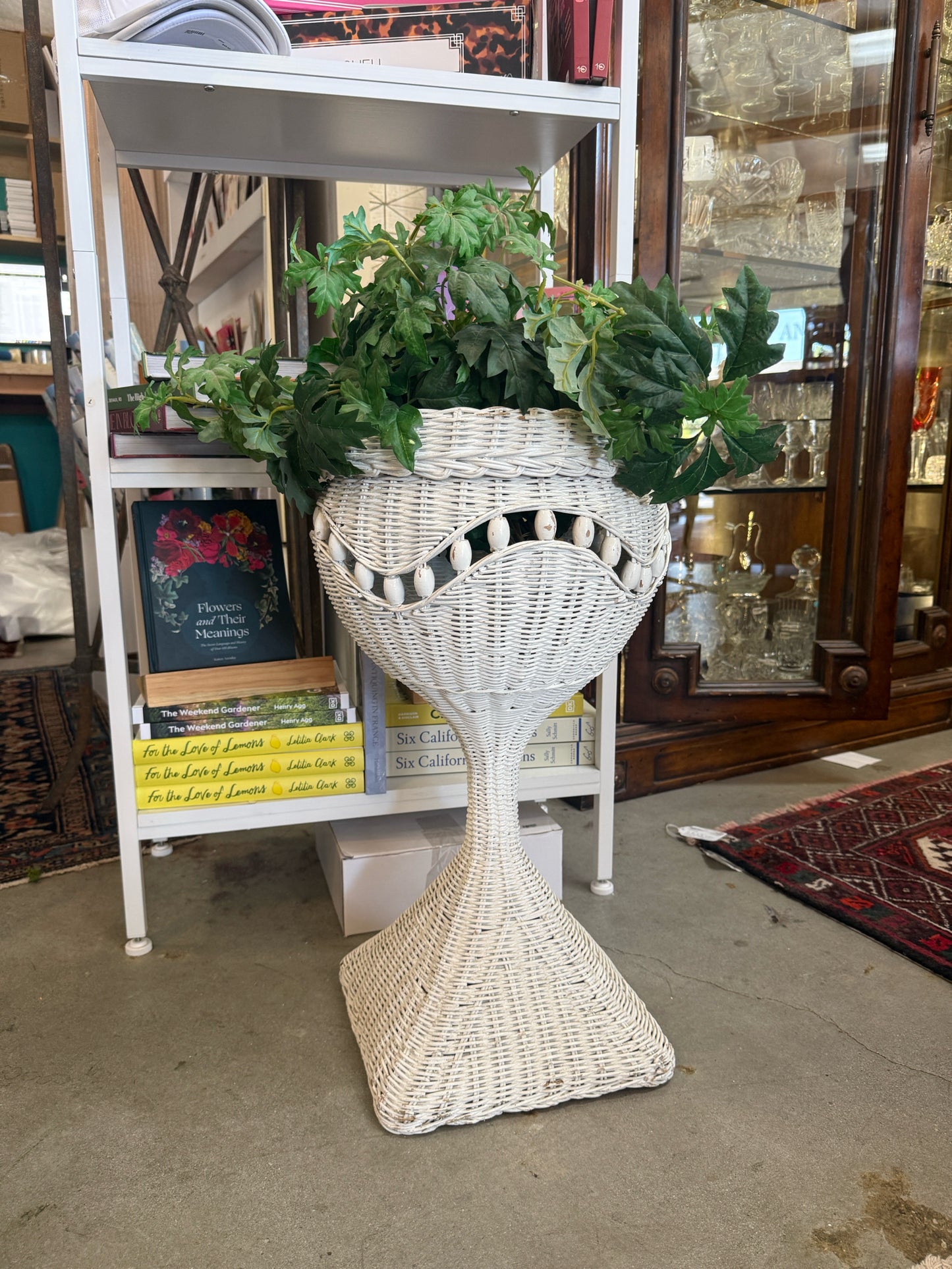 Vintage White Rattan Pedestal Planter With Bead Detailing